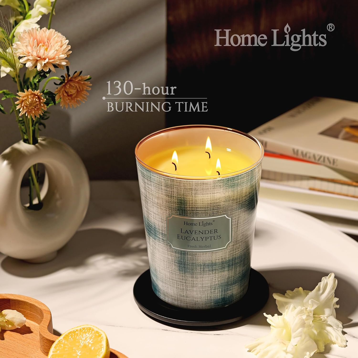 HomeLights Scented Candles | Large Jar 34 Oz Natural Soy Candle | 130 hrs Long-Lasting with 3 Wicks | Scandinavian Minimalist Design Home Decor | Gifts for Mom & Women, Lavender Eucalyptus - Image 4