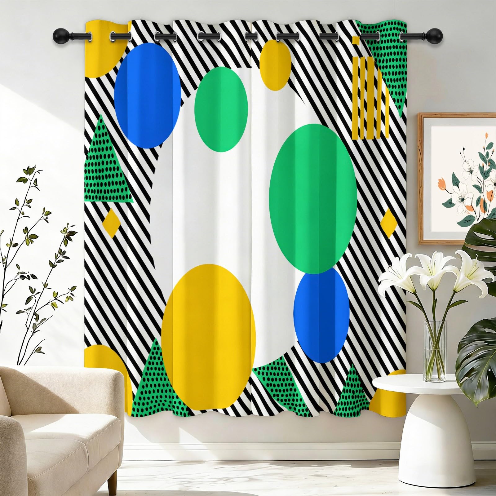 Verdunklungsvorhänge mit Ösen für Wohnzimmer, Modern Modisch Geometrisch Streifen Kreise Thermovorhang Hitzeschutz 2er Set B110 x H215 cm Bunt, Schlafzimmer Vorhänge Blickdicht Fenster Gardinen