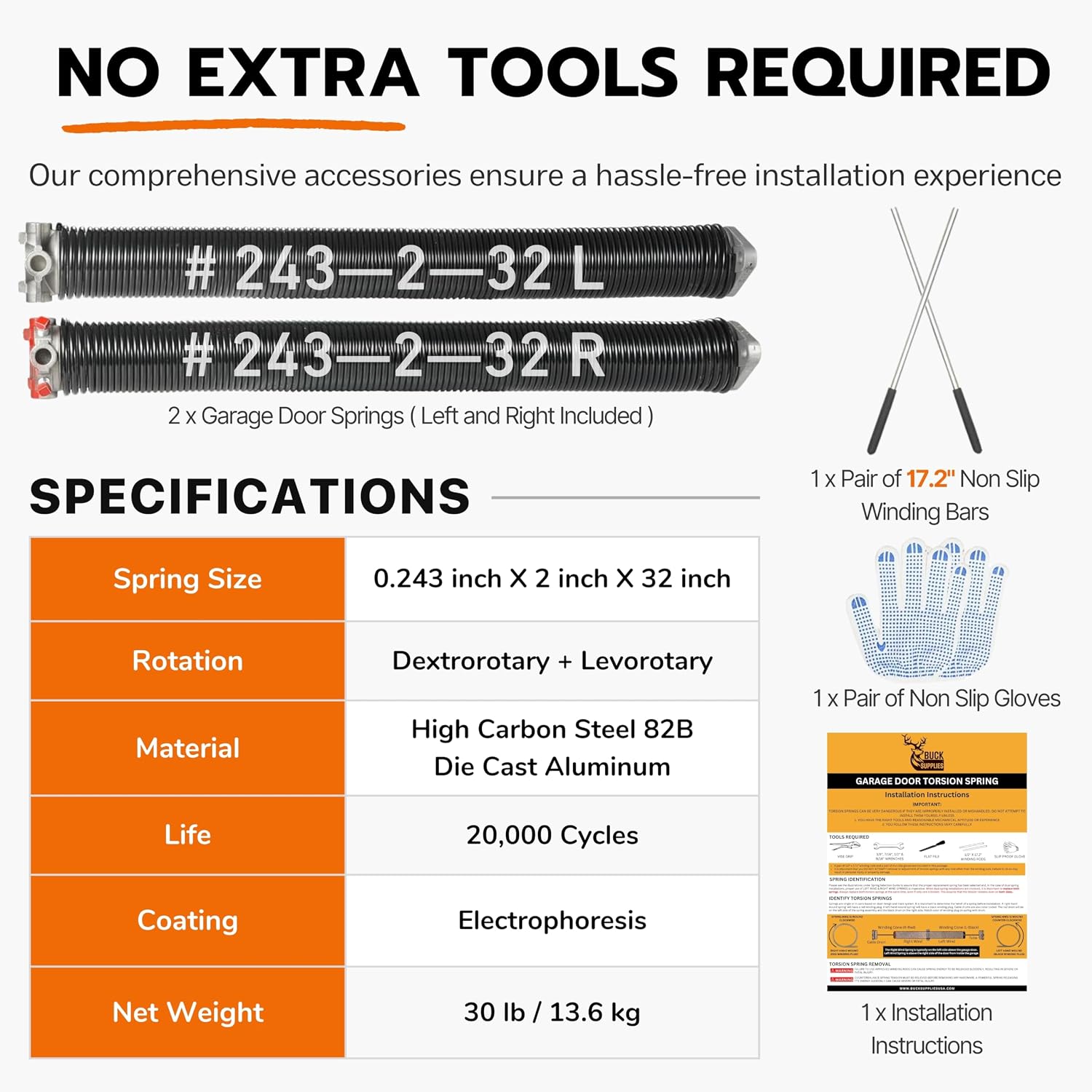 Pair of 2" Heavy Duty Garage Door Spring Replacement Set with Non-Slip Winding Bar & Gloves - Torsion Springs for Garage Door with Electrophoresis Black Coating, Minimum 20,000 Cycles (0.243x2''x32')