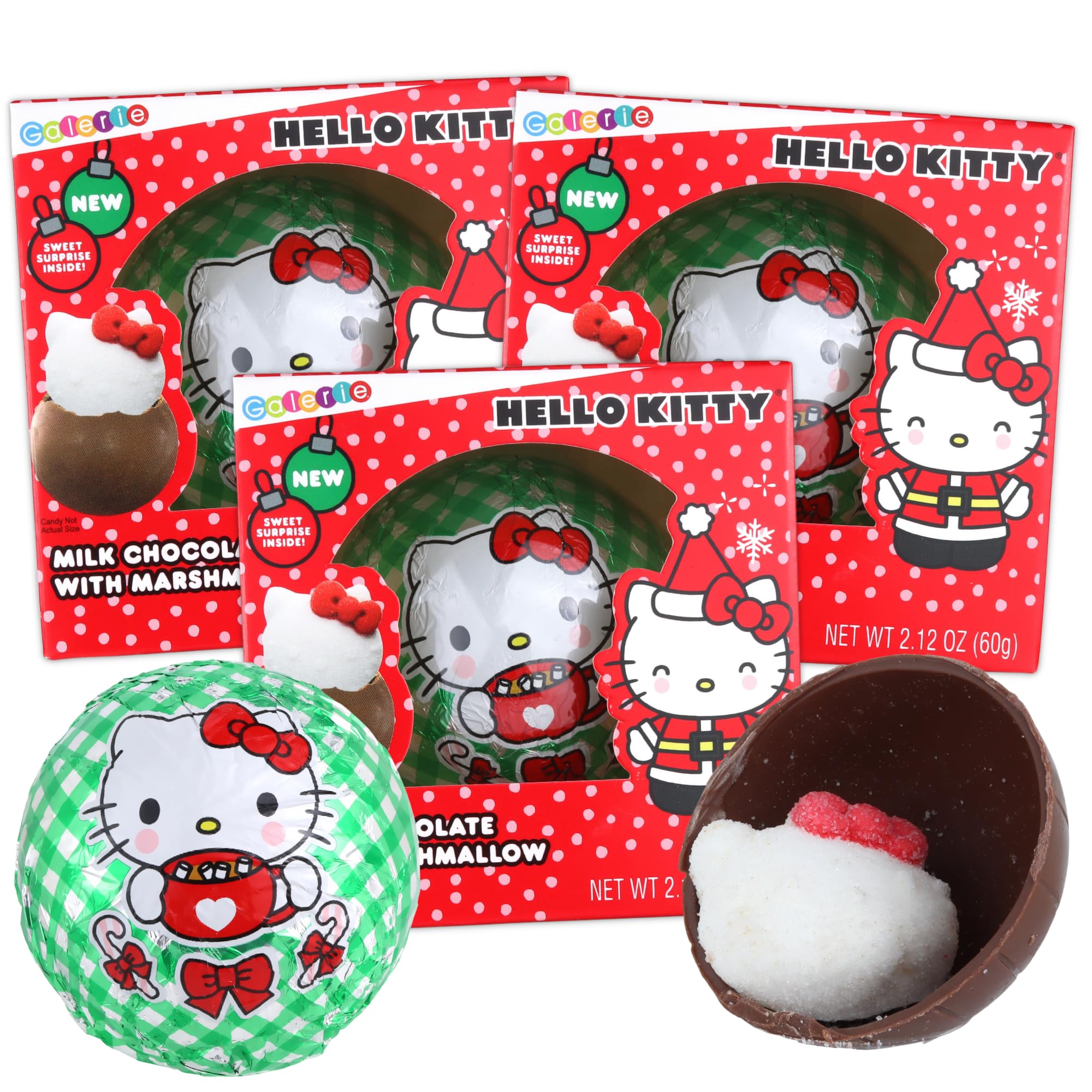 Sweetzo Christmas Hello Kitty Milk Chocolate Balls, Festive Hot Cocoa Melts with Marshmallows, Stocking Stuffer Candy for Women, 2.12 Ounces (Pack of 3), Red