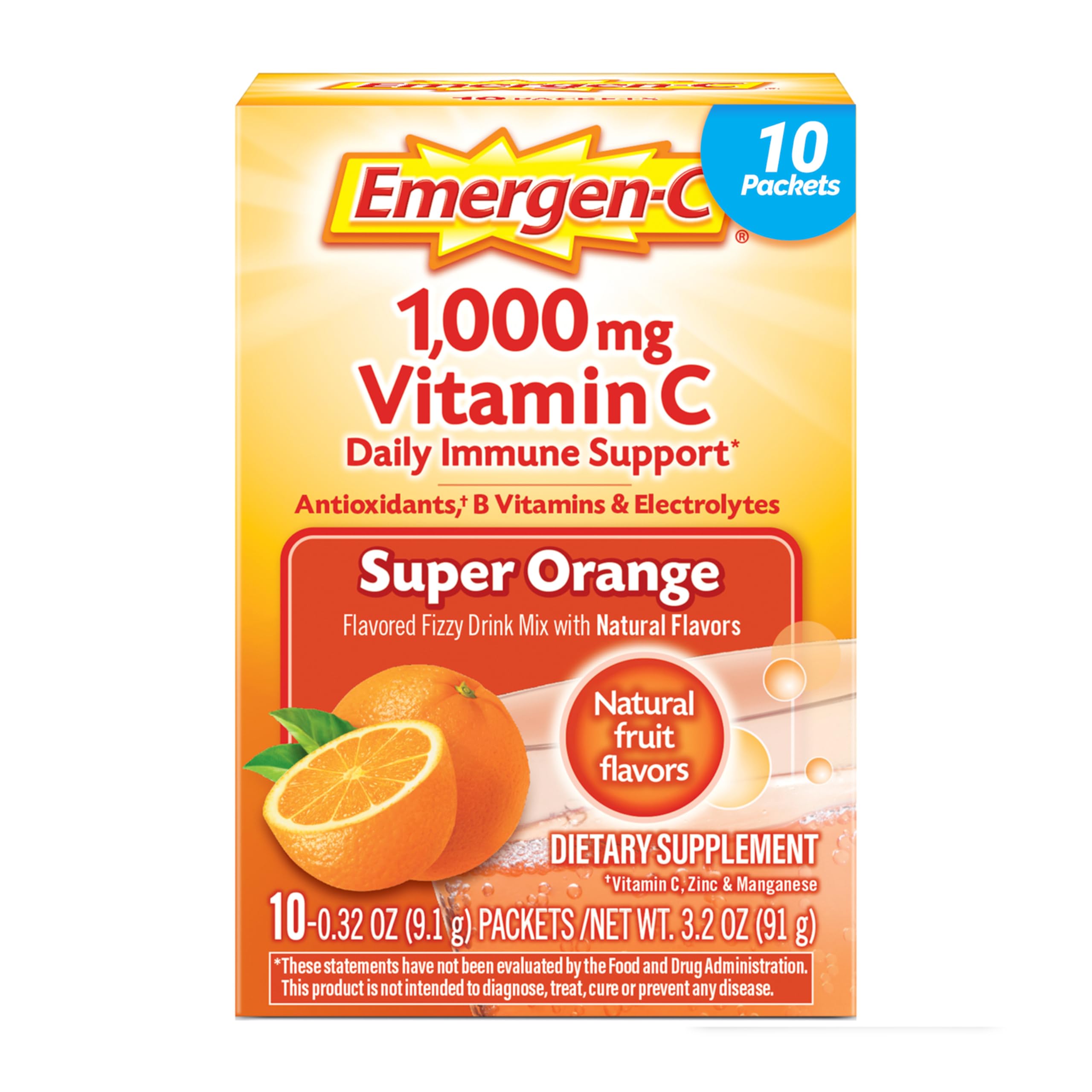 Emergen-C (10 Count, Super Orange Flavor) Dietary Supplement Fizzy Drink Mix with 1000mg Vitamin C, 0.32 Ounce Packets, Caffeine Free
