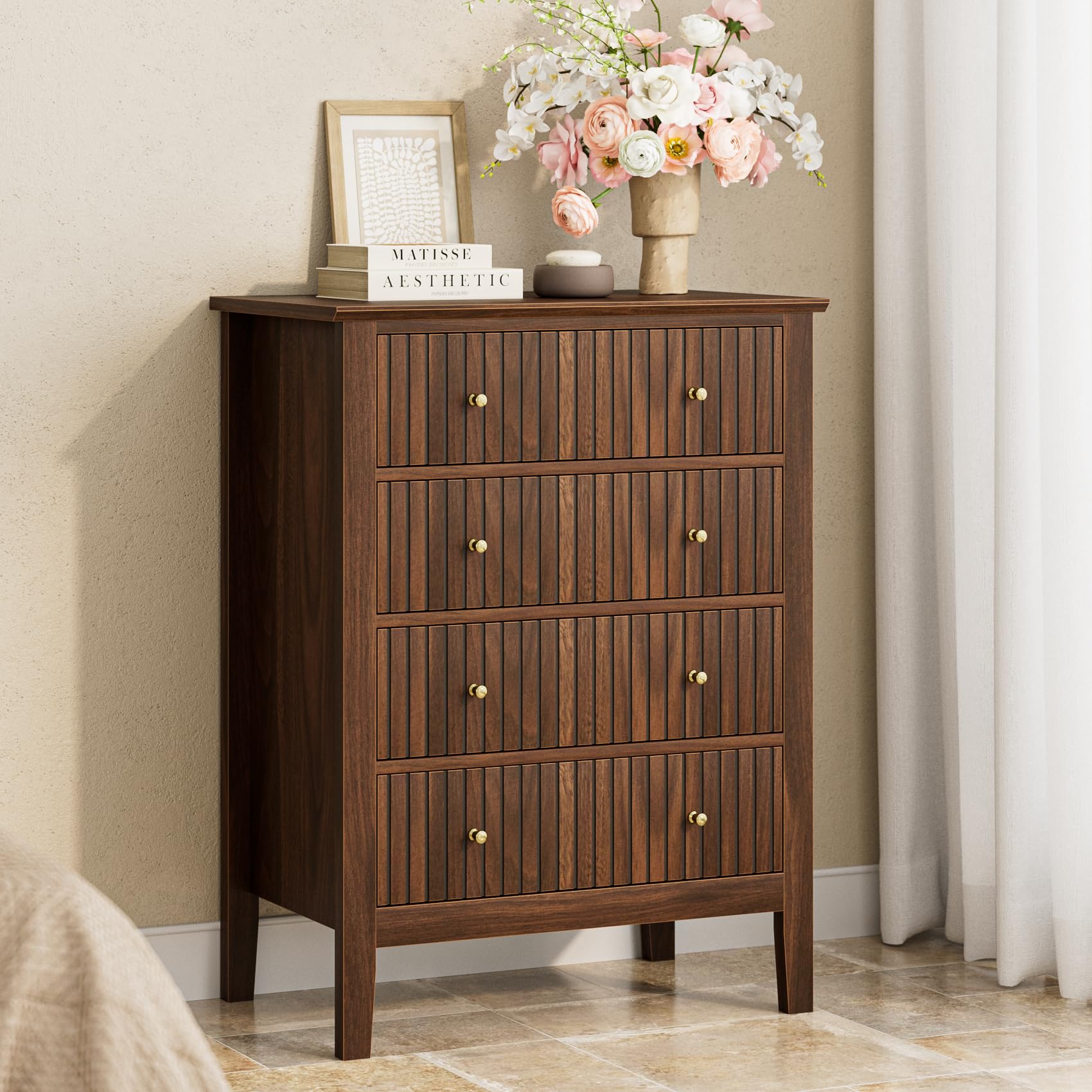 Kommode mit 4 Schubladen, Sideboard Holzkommode, Schubladenschrank für Büro, Wohnzimmer, Schlafzimmer, Küche, Nussbaum