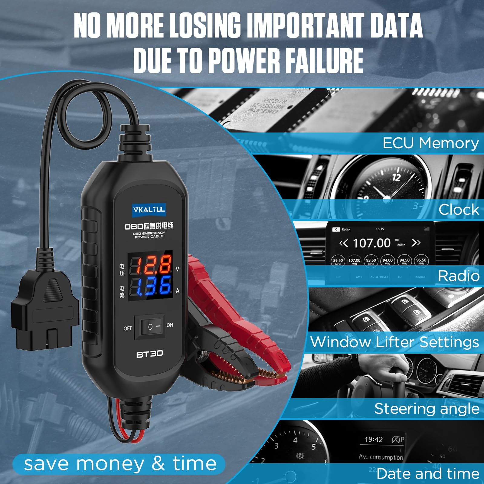 OBD 2 Notstromkabel Für ECU - Verhindert Datenverlust, Mit Display & Überstromschutz