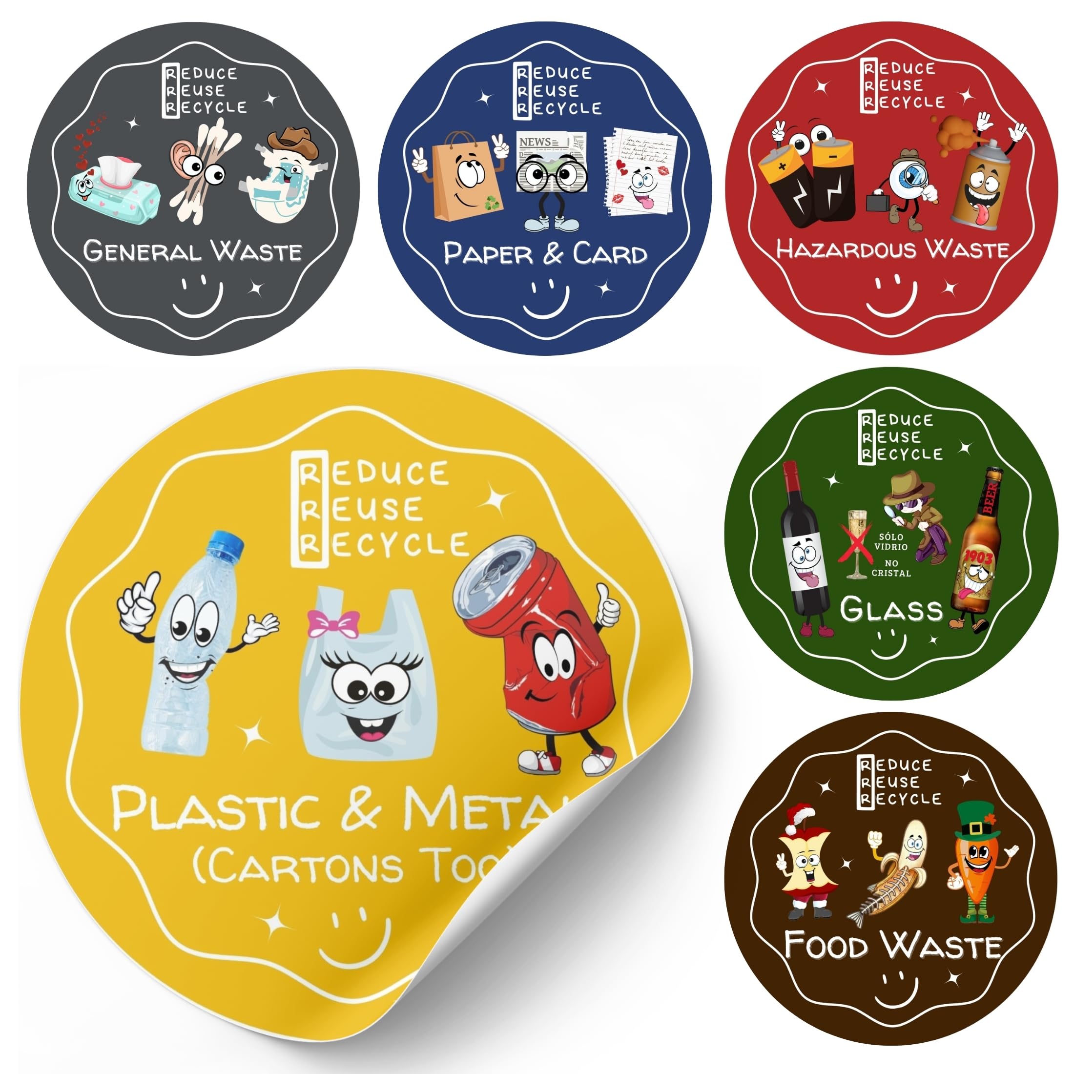 LiveLaif®- Kit 6 Autocollants Poubelle De Tri Selectif | ANGLAIS, Vinyle Adhésif | Stikers Pour Poubelle Recyclage | Etiquettes Bac Tri Selectif | Colorés,Éducatifs Pour Enfants (11 Cm-Inglés