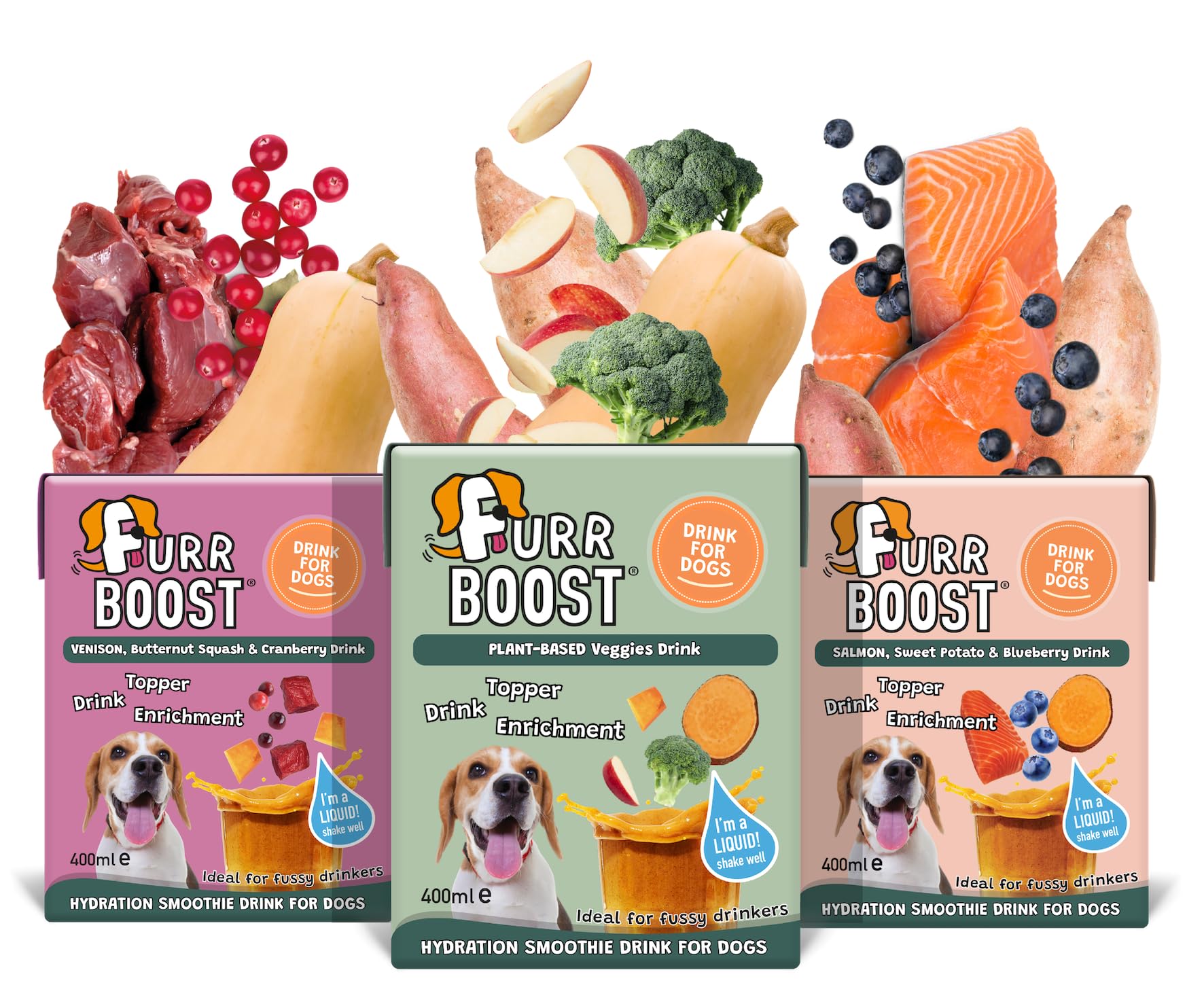 Furr Boost Dog Drink Hydration Pack Taster Set (3x400ml) | 100% Natural Rehydration Smoothie for Dogs | Venison, Salmon & Plant-Based | No Additives or Preservatives | More Benefits than Bone Broth
