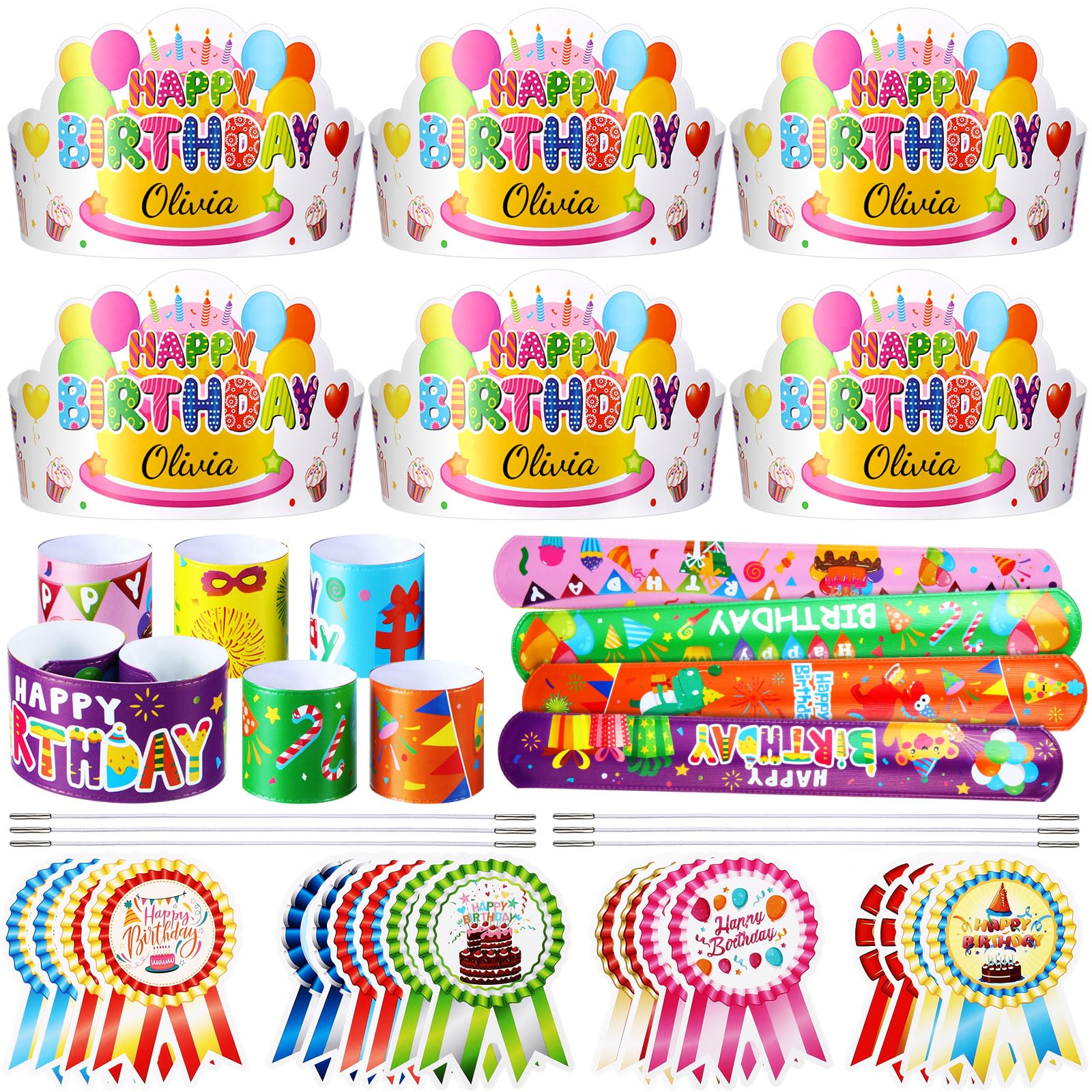 Yunsailing 108 piezas de suministros de fiesta de cumpleaños para niños incluyen 36 coronas de papel de cumpleaños, 36 calcomanías de insignia de cumpleaños, 36 pulseras de feliz cumpleaños para aula,
