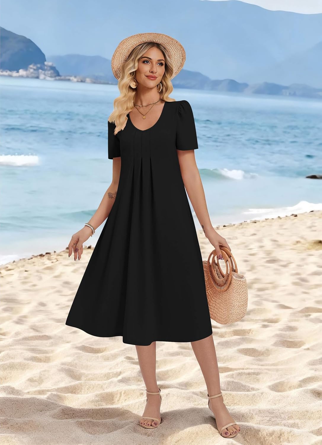 Zeagoo Summer Dress for Women Casual Floral Midi Sundress with Pockets V Neck Pleated Short Sleeve Aline Beach Vacation Dress - Image 4