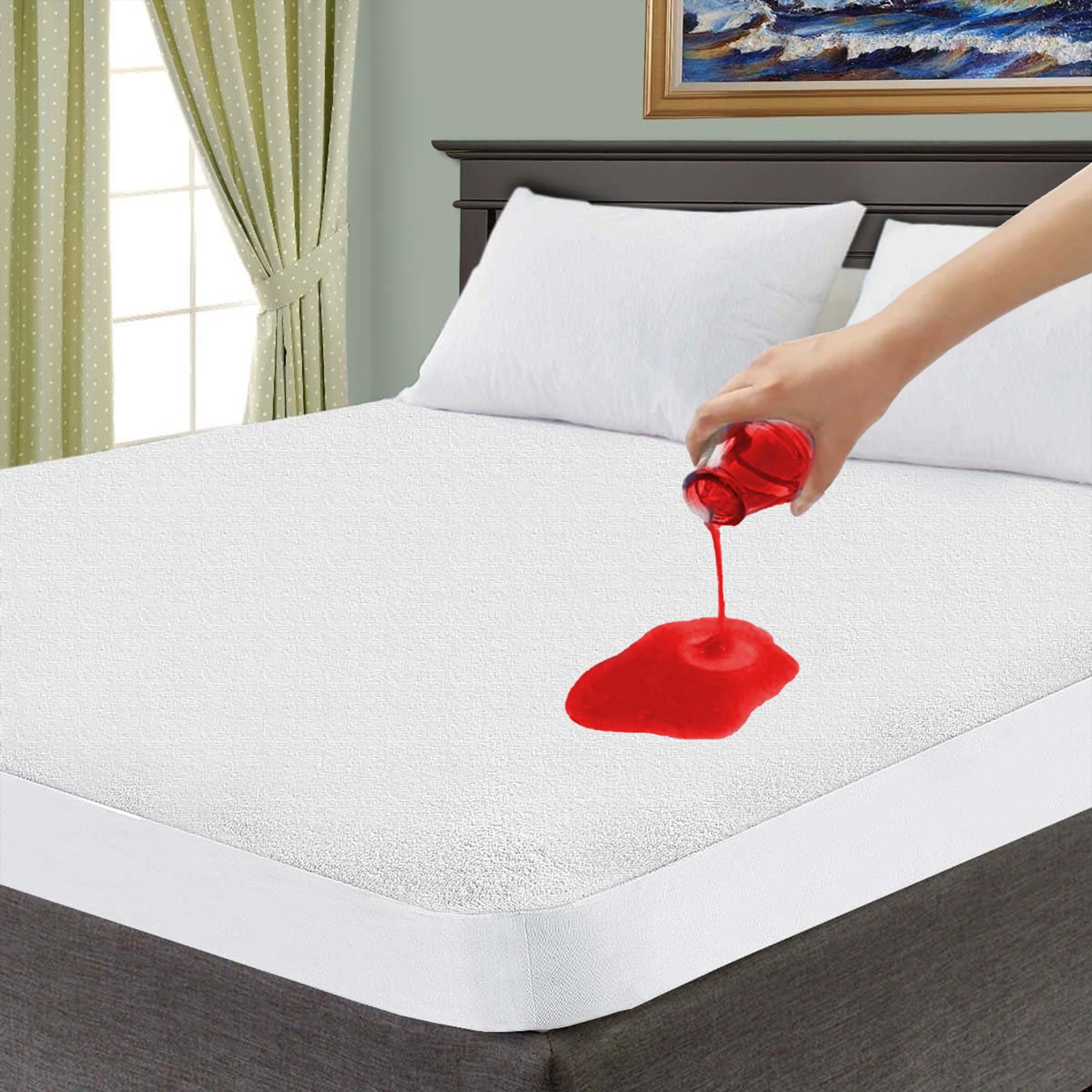 Ameha White 100% Waterproof Mattress Protector - 30Cm Deep Skirt Mattress Protector Super King Bed - Non Noisy & Super Absorbent Terry Towel Mattress Cover (180X200cm)