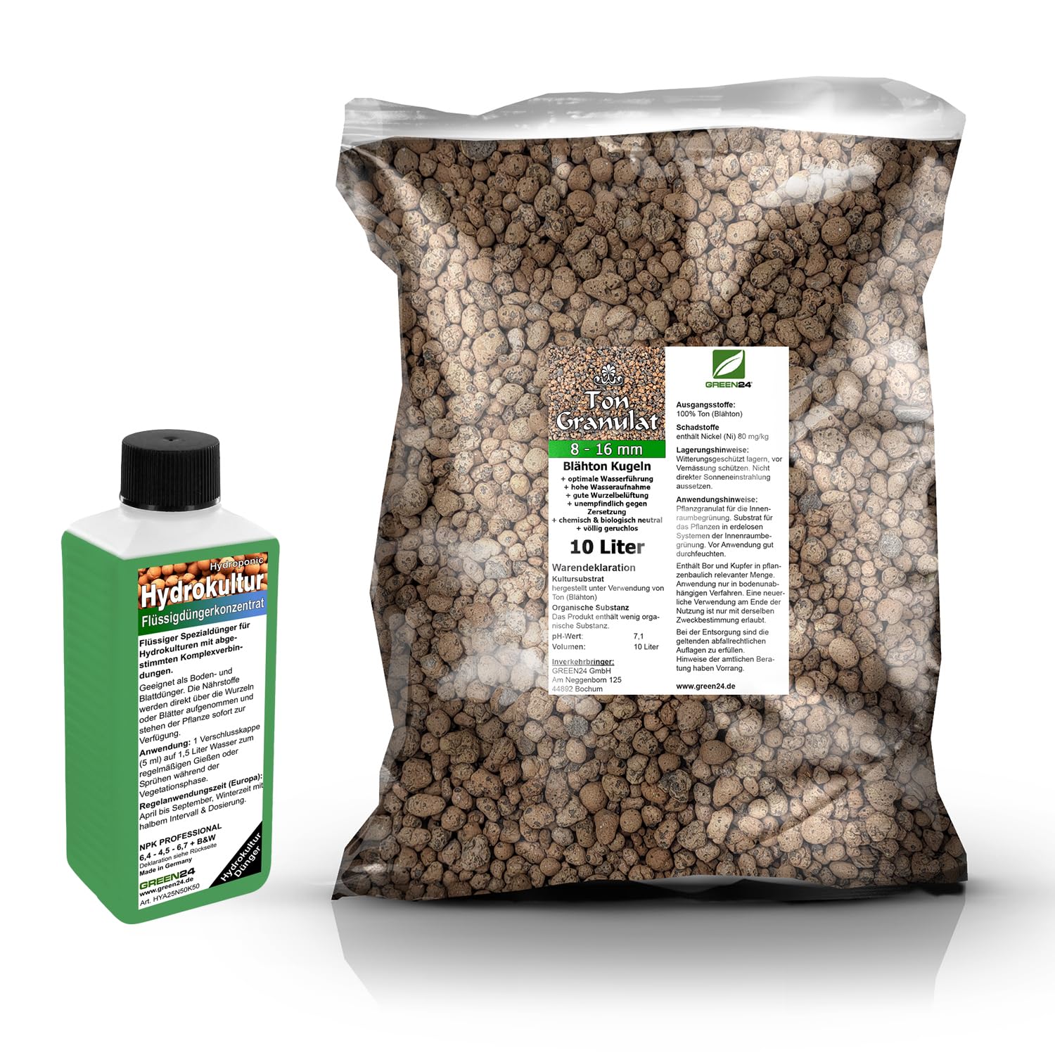 SET Hydrokultur Dünger Hydroponic düngen Flüssigdünger 250ml + 10 Liter Pflanzton Ton-Granulat Blähton Kugeln Körnung 8-16mm