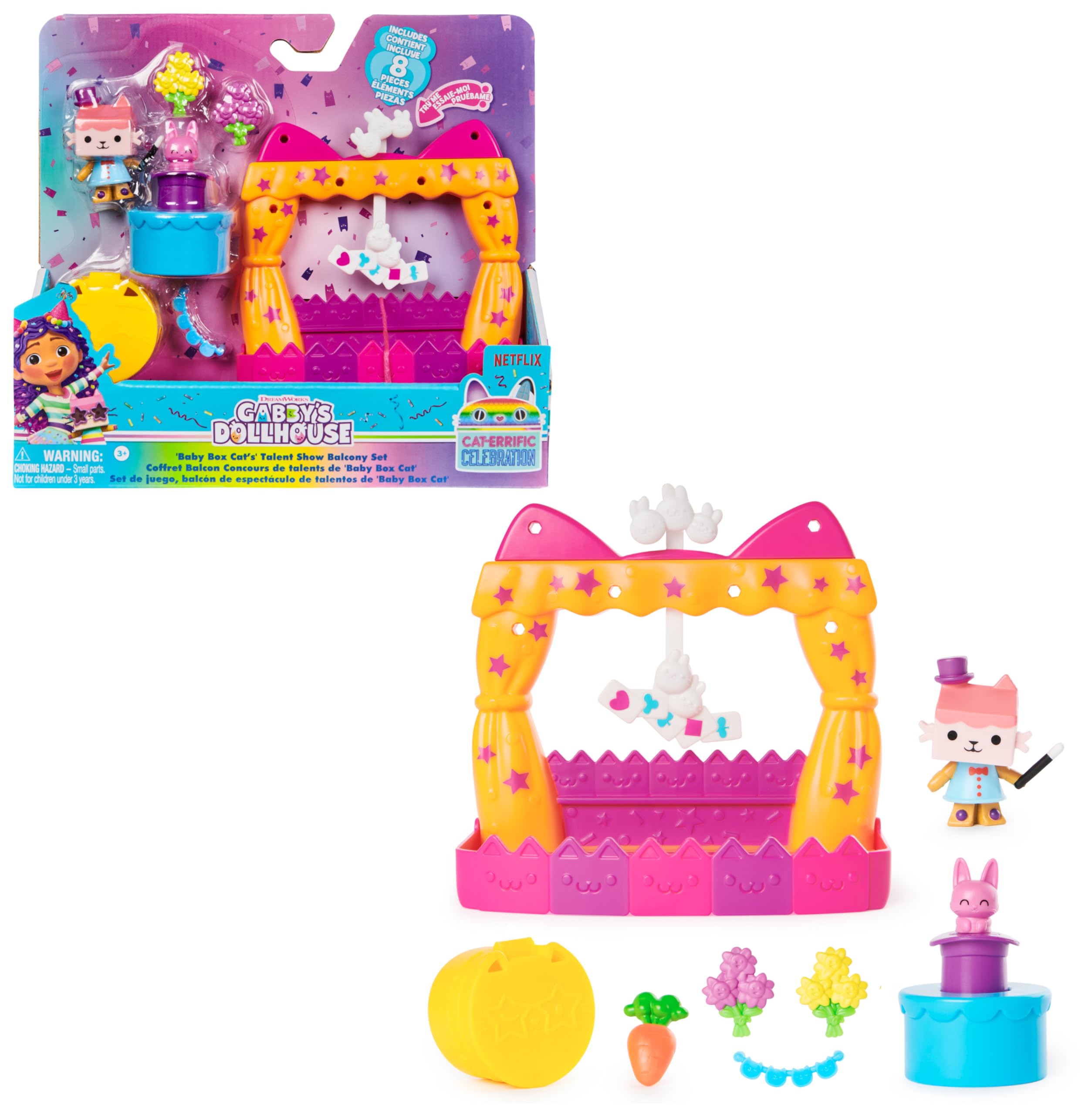 Gabby's Dollhouse, Set di Gioco Balcone per il Talent Show di Baby Box, 8 Pezzi con Personaggi e Accessori per Casa delle Bambole, Gioco Sensoriale per Bambine e Bambini dai 3 Anni in Su