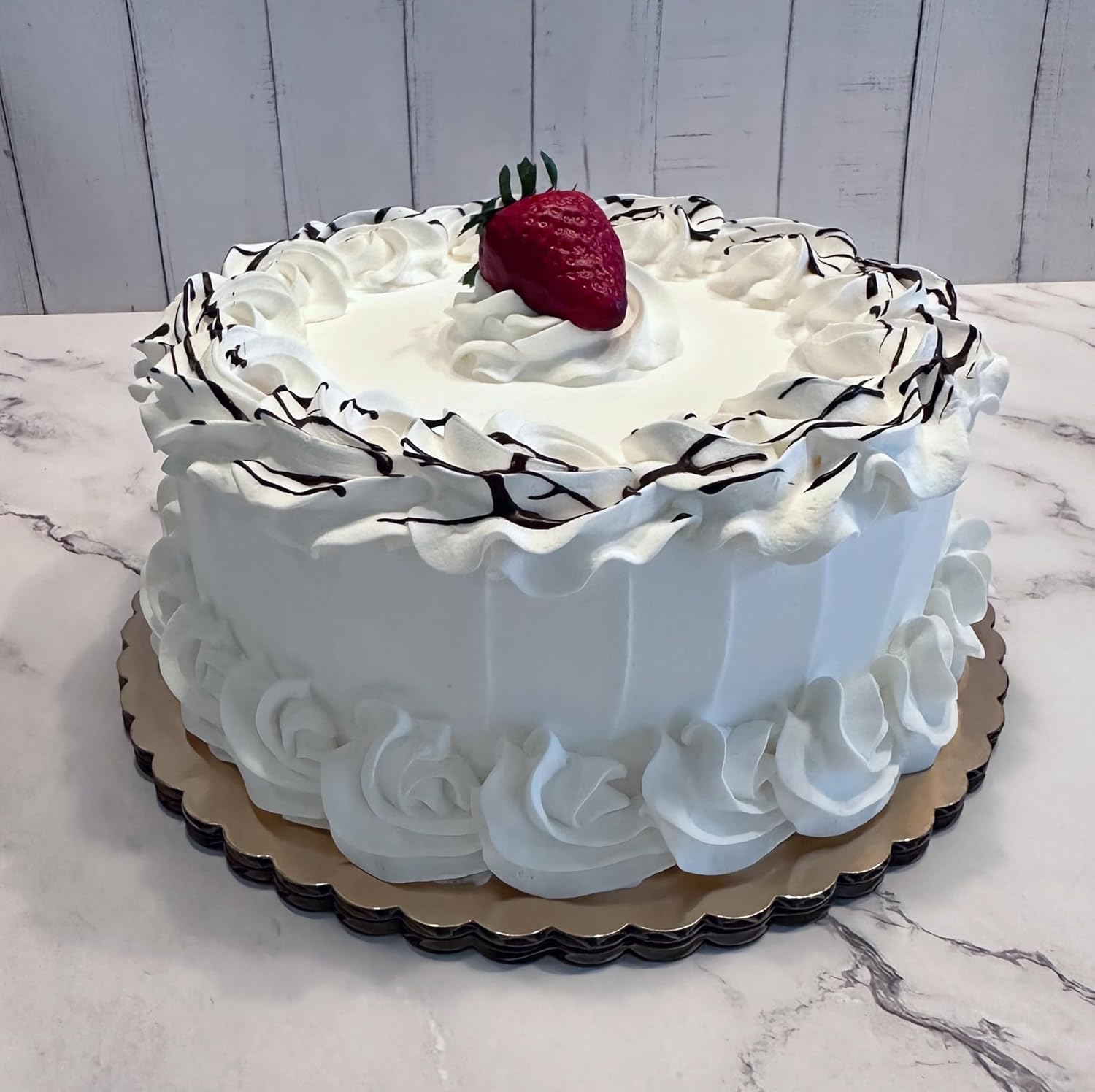 Realistic Vanilla Frosted Cake with Chocolate Drizzle & Strawberry Replica Prop Cake- Handmade by Dezicakes-Artificial for Decoration purpose only