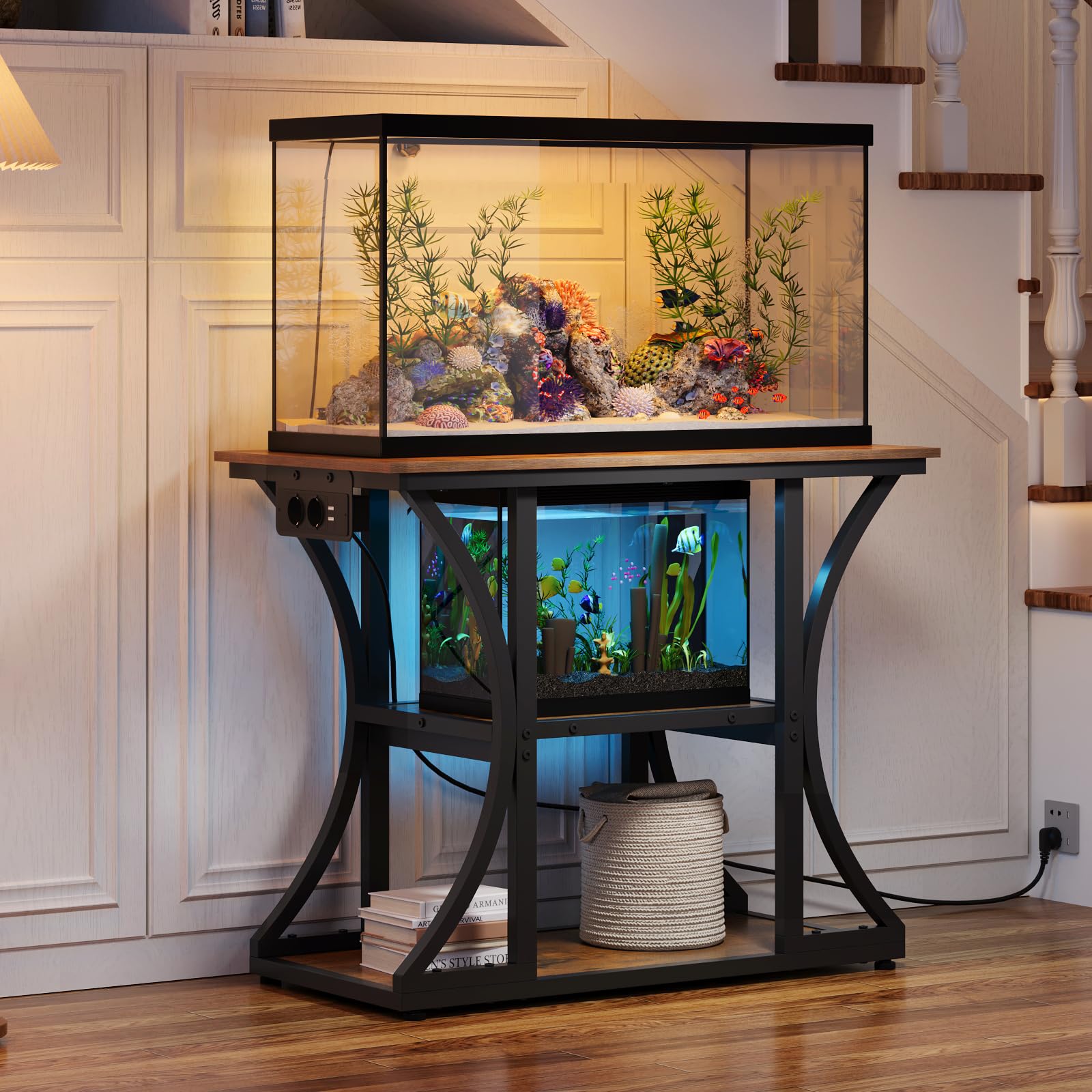 VEDECASA Supporto per acquario da 50 galloni con prese, scaffale rustico per acquario con 3 livelli, cassetto in tessuto per acquari, rettili e terrari, robusto telaio in metallo (marrone)