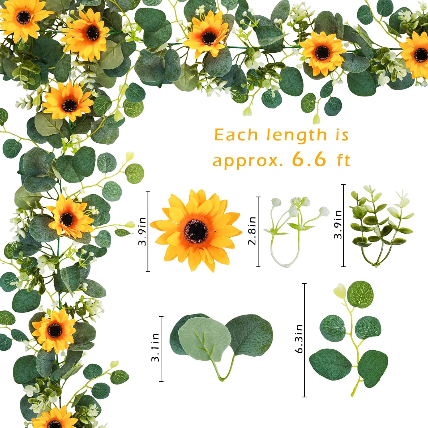 Uieke 2 Pack Artificial Sunflower Garland, 6ft/Strand Silk Sunflowers Hanging Vines Flowers Garland with Green Leaves for Room Kitchen Garden Birthday Wedding Baby Shower Party Table Decor