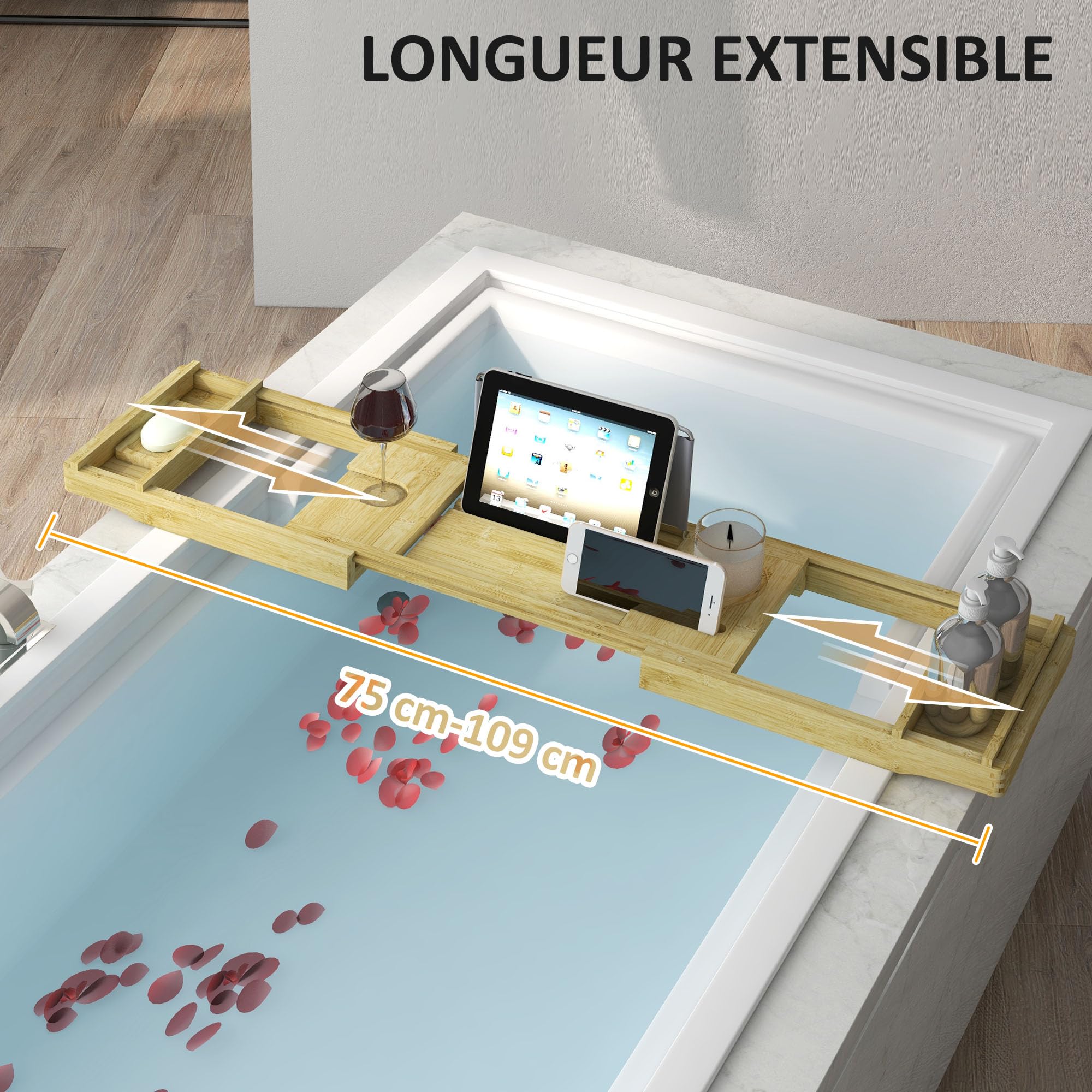 HOMCOM Pont étagère Plateau de Baignoire Extensible en Bambou avec Support gobelet et Porte-Savon, Tablette 75-109 x 23 x 4,5 cm Effet Bois Naturel