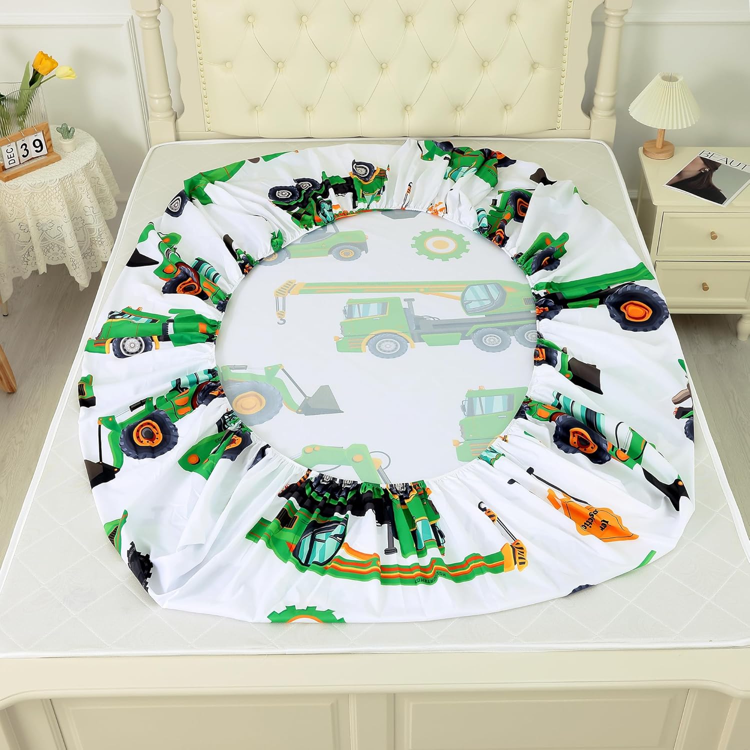 Sheet Set Green Tractor: Queen Size Cartoon Excavator Truck Bed Sheets for Boys Kids Toddler Deep Pocket Construction Vehicle 4PC Bedding Set 1 Fitted Sheet & 1 Flat Sheet & 2 Pillowcases