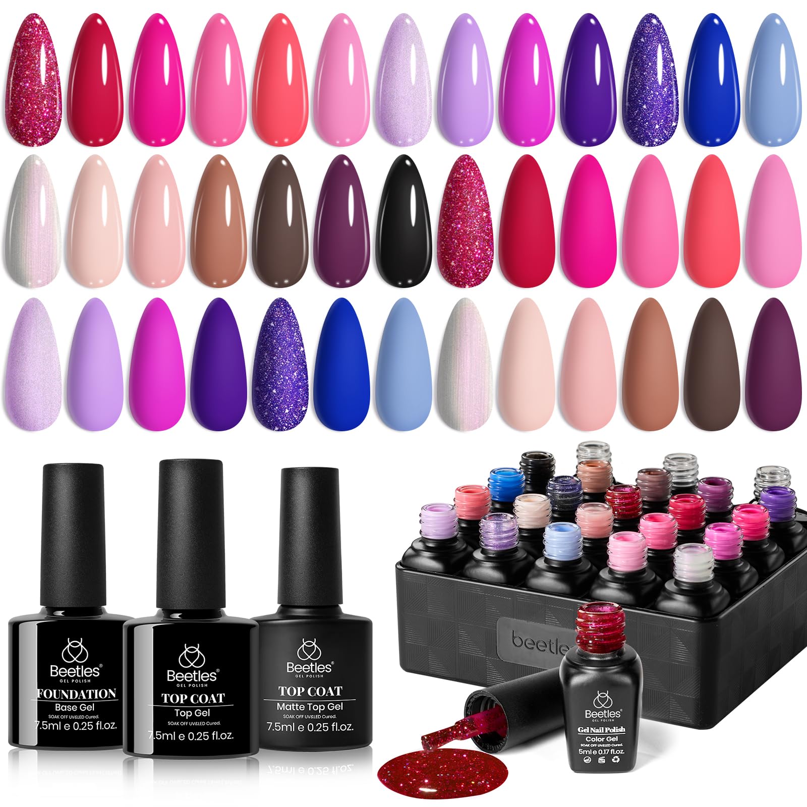 Beetles Gel Nail Polish Kit 20 Colors with 3Pcs Base Gel Glossy & Matte Top Coat Romance Rebellion Summer Trendy Pink Red Blue Purple Glitter Soak off Uv