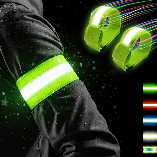 Paquete de 2 brazaletes LED reflectantes mejorados, 7 colores de luces recargables de alta visibilidad, equipo de correr reflectante para seguridad