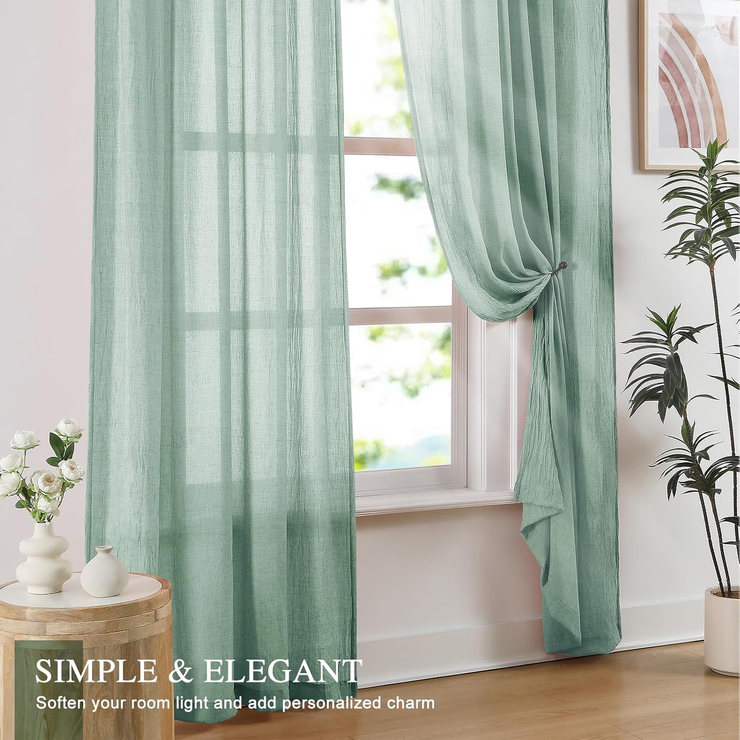 Mint Green Sheer Curtains 90 Inches Long for Living Room, Elegant Cotton Linen Textured Light Filtering Crepe Sheer Drapes Natural Crinkle Voile Curtains for Bedroom, W52 x L90 in, 2 Panels
