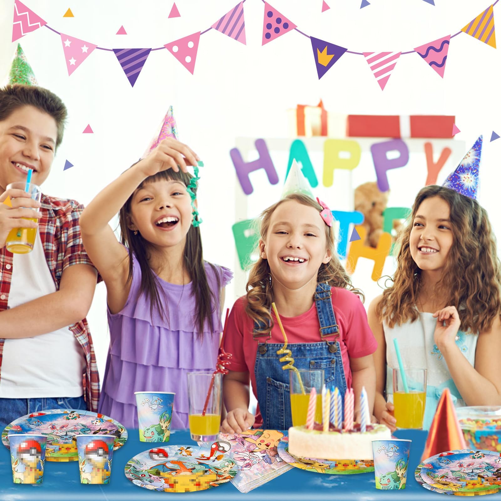 Pappgeschirr Set, 80 Stück Partygeschirr mit Pappteller Pappbecher Servietten für 20 Gäste, Bunte Papier Teller und Becher, Cartoon Anime Geschirrset für Kindergeburtstag Partydeko Tischdeko