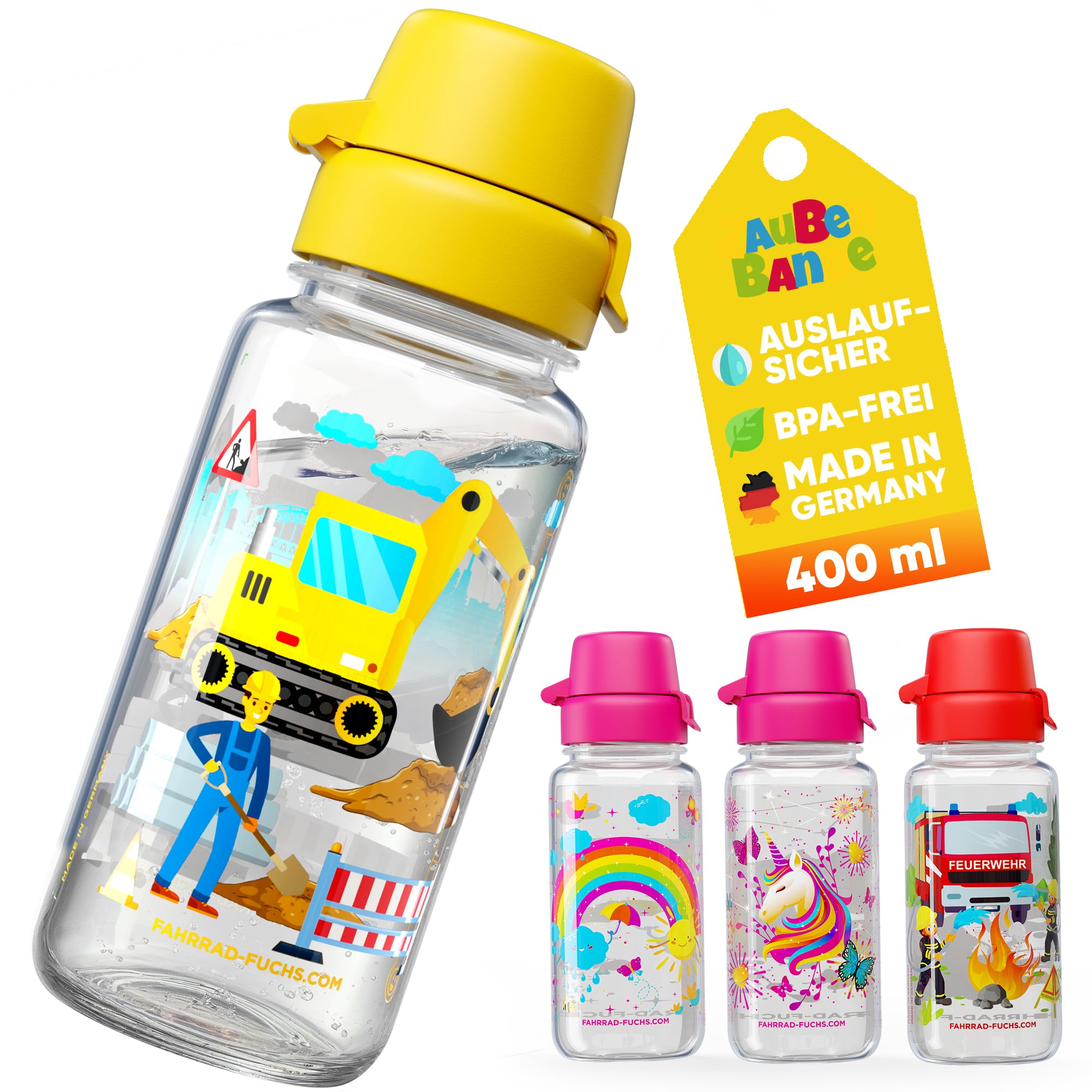 Zauberbande Trinkflasche Kinder auslaufsicher – Bagger – 400 ml – Kinder Trinkflasche Kohlensäure geeignet, BPA frei aus Tritan, spülmaschinenfest, Easy-Clean – für Kindergarten und Schule