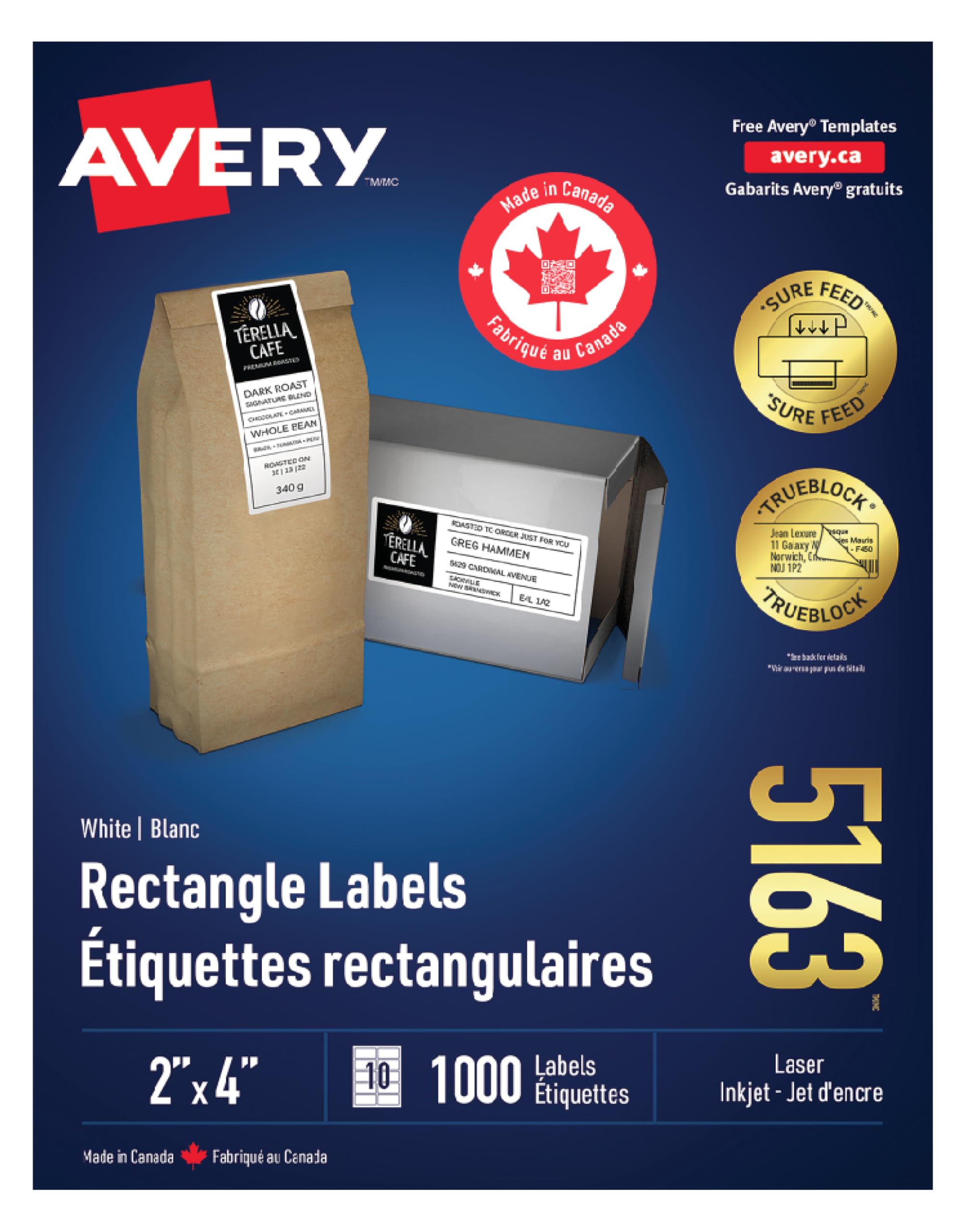 Avery TrueBlock Shipping Labels for Inkjet/Laser Printers, 2" x 4", White, Rectangle, 1000 Labels, Permanent (5163) Made in Canada image 1