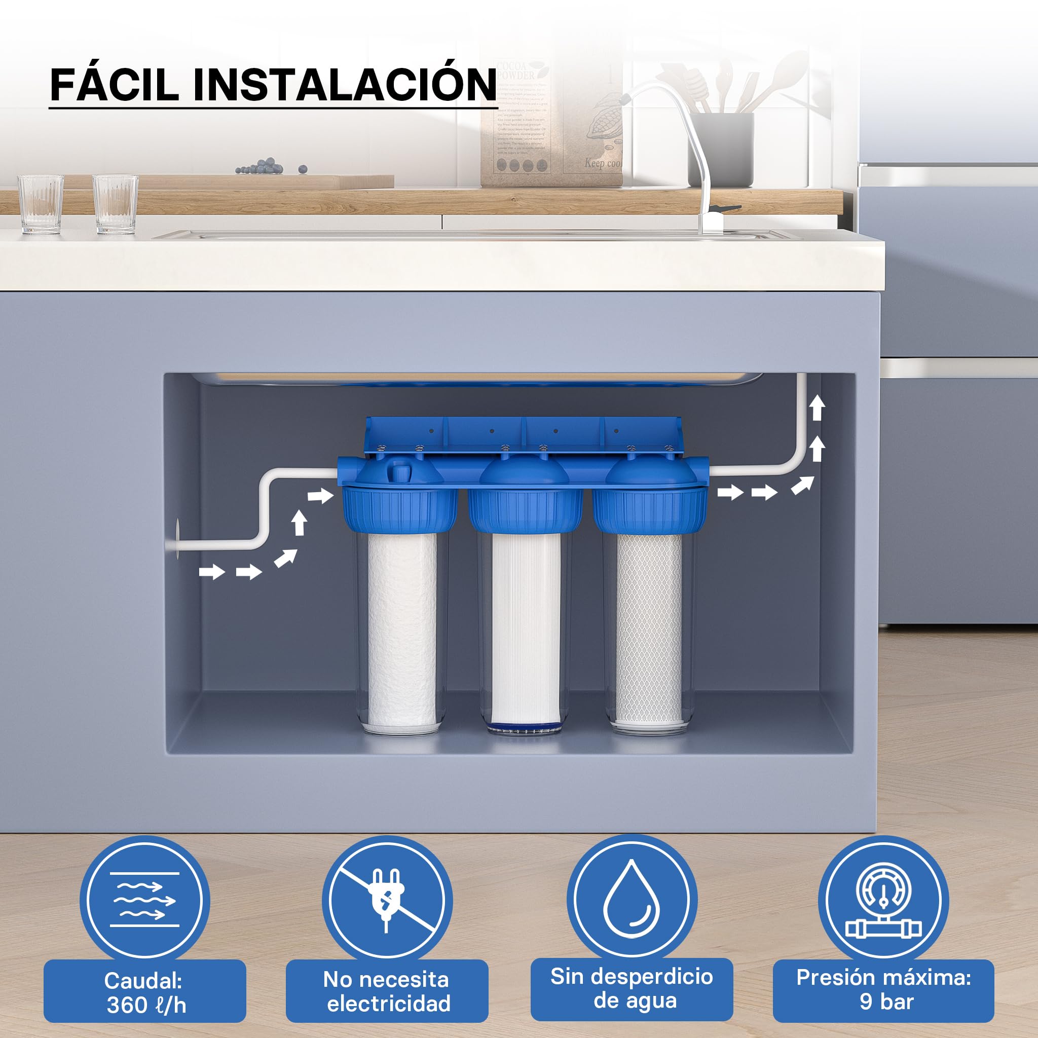 Naturewater NW-BR10B4 Filtro de agua 3-etapas 26.16mm (3/4") cartucho PP Ø60 mm, filtro con soporte de pared, con llave, filtración de sedimentos, carbón activado en bloque y en granulado