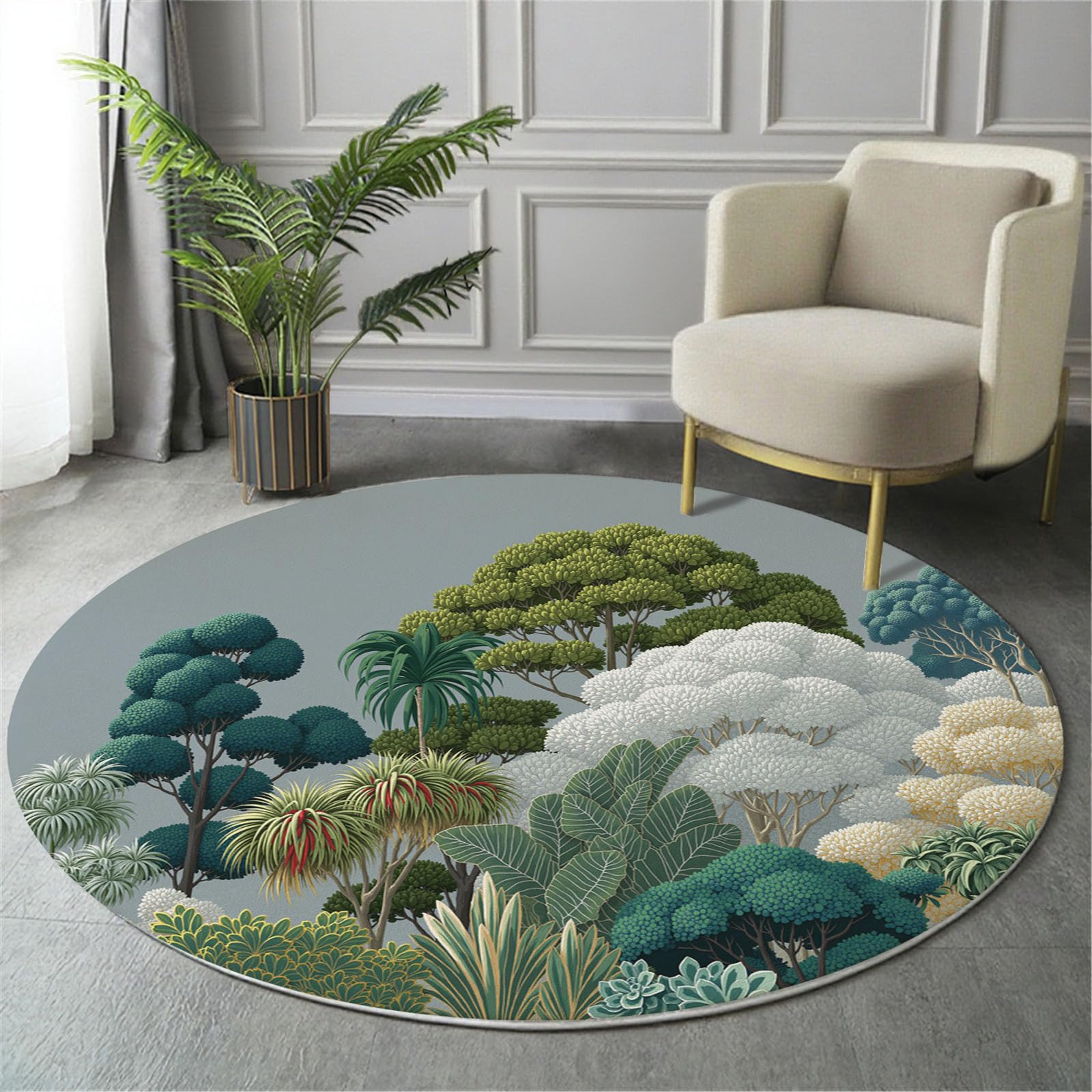 Tapis rond poil bas lavable 120cm antidérapant à motif arbres pour salon et couloir