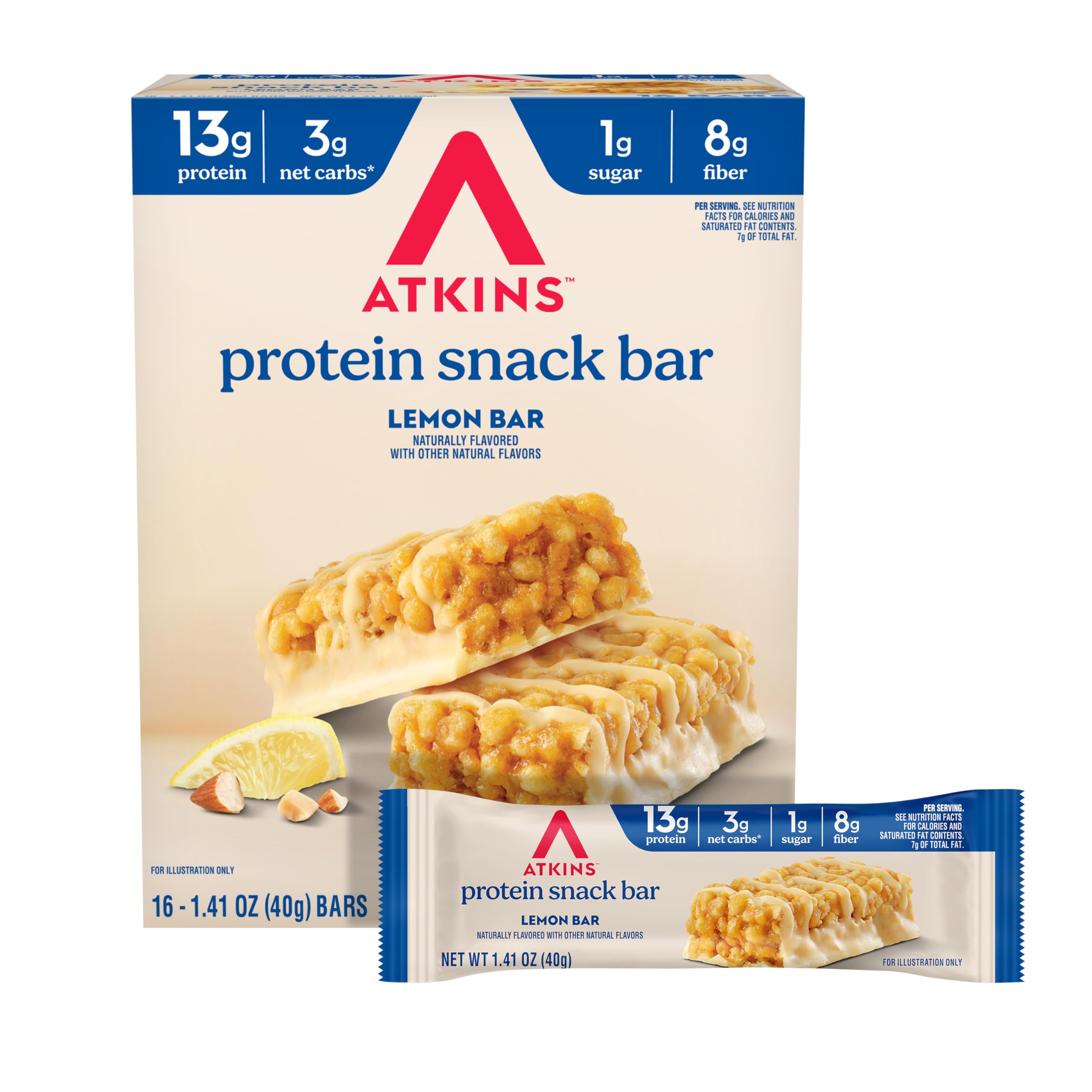 Atkins Bar przekąskowy, baton cytrynowy, 13 g białka, 3 g węglowodanów netto, 1 g cukru, wykonany z prawdziwego masła migdałowego, bezglutenowy, bogaty w błonnik, przyjazny dla keto, 16 sztuk