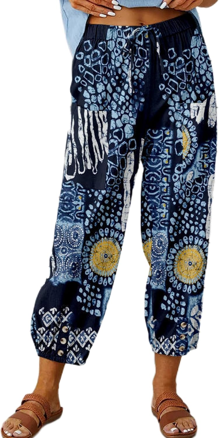 Women's Summer Loose Yoga Pants Wide Leg Elastic Waist Casual Capris Cropped Trousers with Pockets