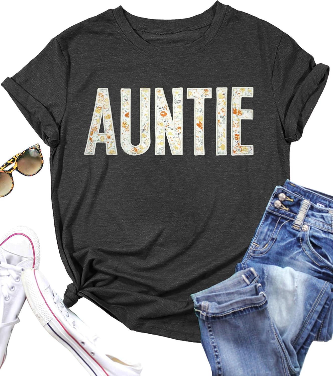 Auntie T Shirt Women Cute Love Heart Print Bless Aunt Tops Tees Casual Short Sleeve Vacation Shirts Tops(DarkGrey3, XX-Large)