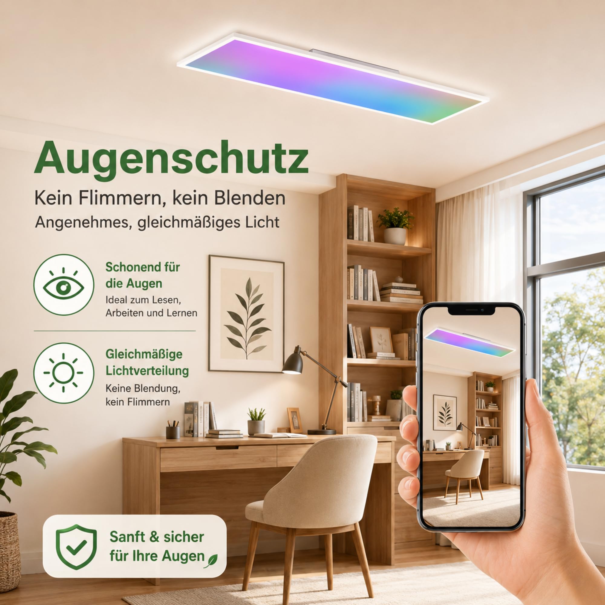 Lampa sufitowa LED 120 x 30 cm, 39 W, ściemnialny panel sufitowy RGB z pilotem, CCT 3000 - 6500 K, tryb nocny, timer 30 min, wbudowany sterownik, biały