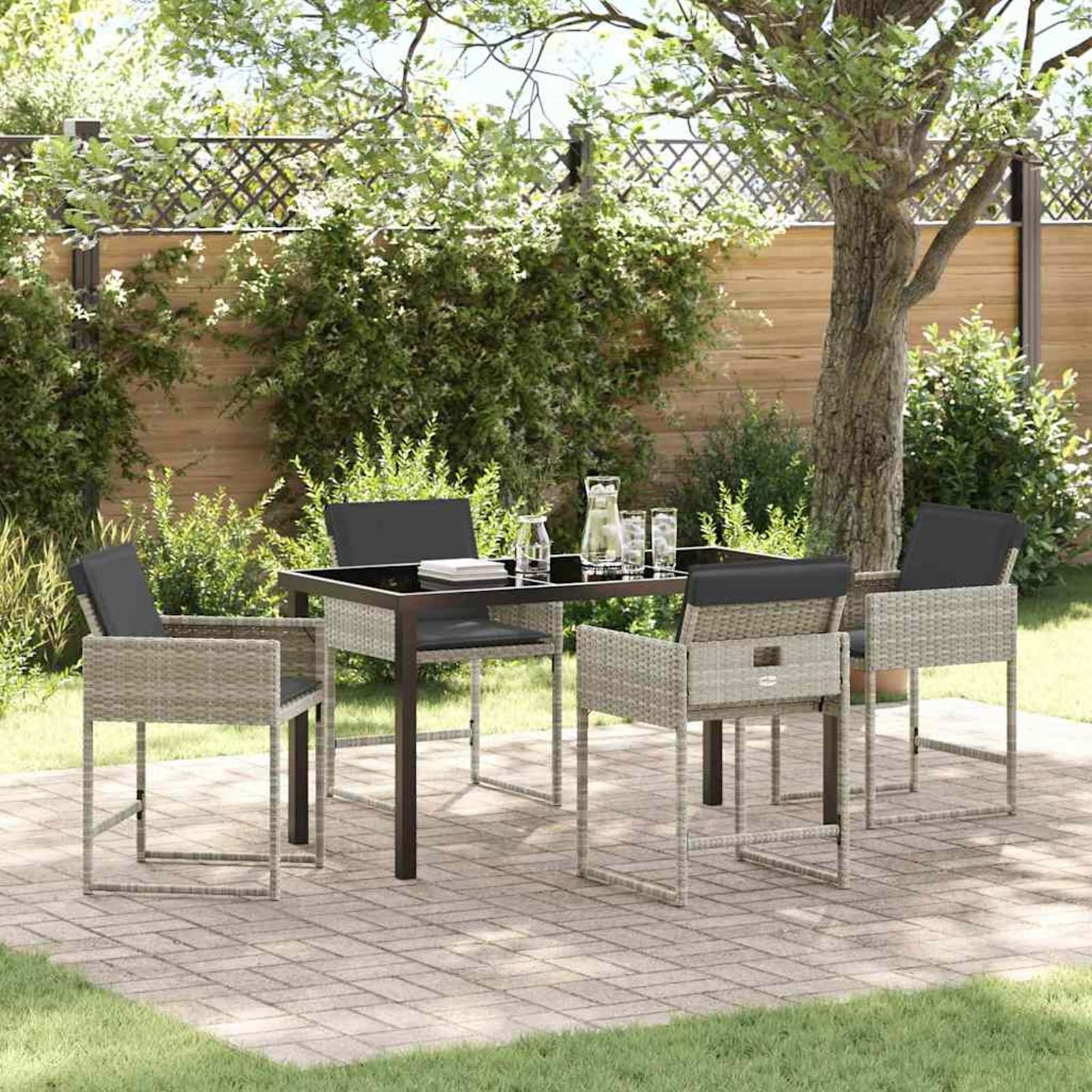Tidyard Set da Pranzo per Giardino 5 PCS, Elegante in Polyrattan Grigio Chiaro con Vetro per Cene all'Aperto