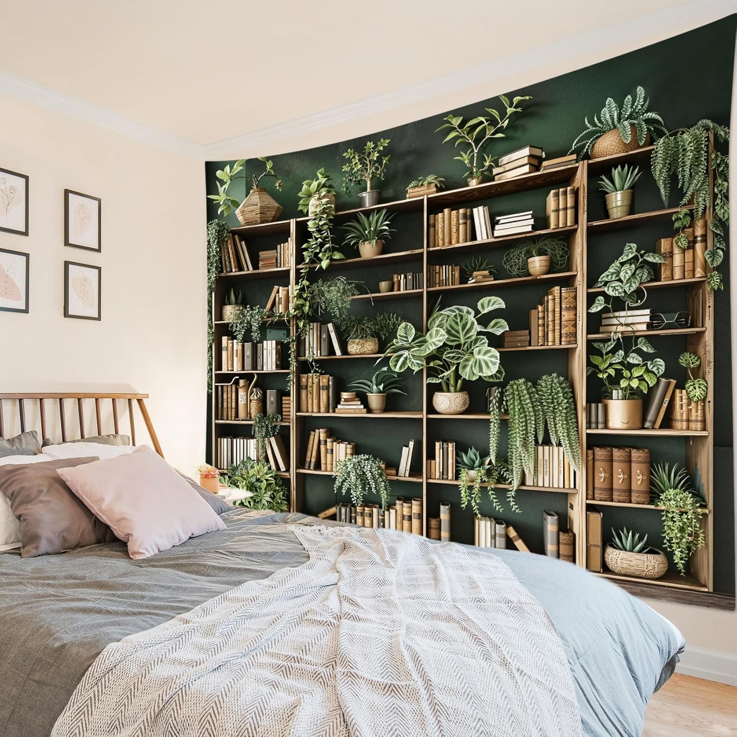 LB Green Plant Bookshelf Tapestry Botanical with Library on Wood Book Shelf Tapestry Wall Hanging Brown Bookshelf Succulent Potted Plant Wall Art for Bedroom Living Room Dorm 92.5Wx70.9L Inches