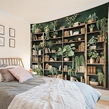 HVEST Vintage Green Bookshelf Tapestry Botanical Library Wall Hanging, Books with Plant Potted, Fantasy Book Large Tapestry for Classroom Bedroom Living Room Office Dorm Decor 70.9L x 92.5W Inches