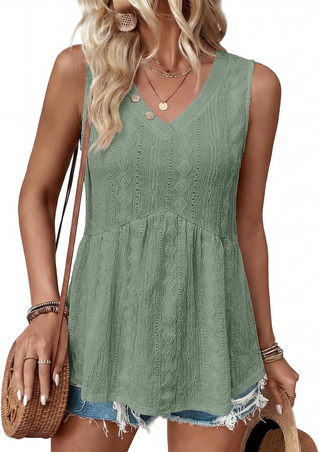 OFEEFAN Womens Tank Tops 2026 Boho Fashion Clothing Flowy Peplum Top Button Down Sleeveless V Neck Babydoll Tank Top - Image 2