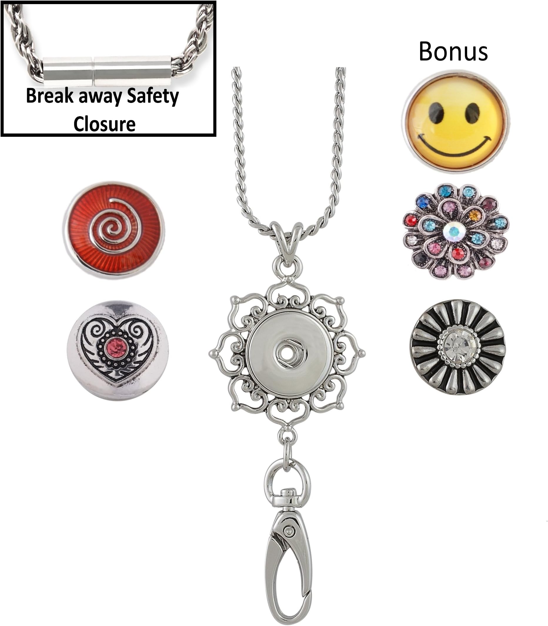 Women's Lanyard - Circle of Hearts Snap Charm Lanyard with Clip for IDs, Badges, Keys - Comes with 4 Snap Charms Plus Bonus Snap Charm