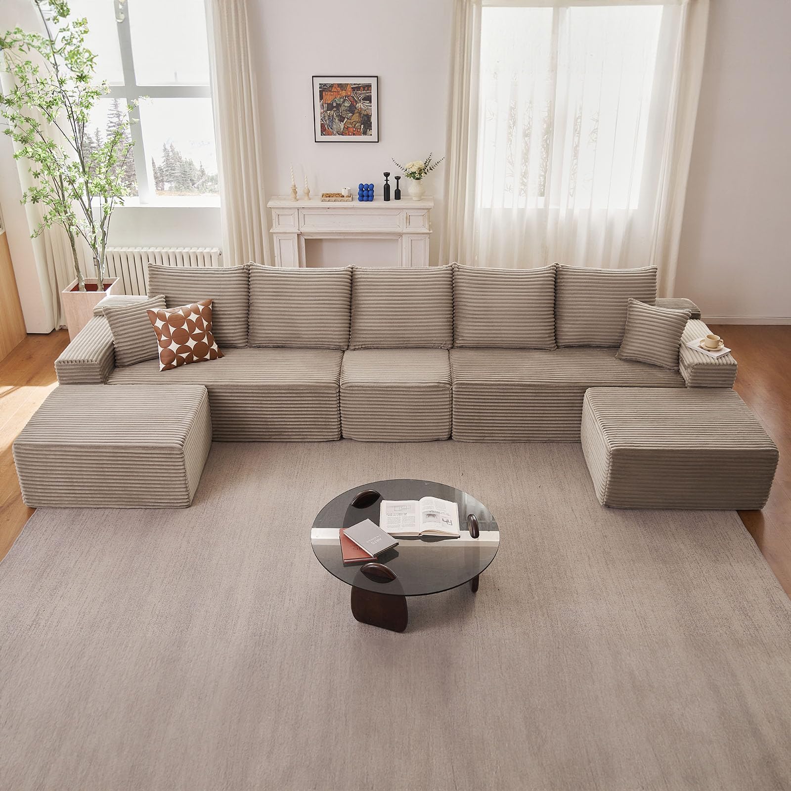 167.7" Sectional Cloud Couch for Living Room, Stupendous U Shaped Sofas, Modular Floor Deep-Seat Sofa, Big Comfy Corduroy Couches Set with Fluffy Memory Foam, No Assembly Required, Camel