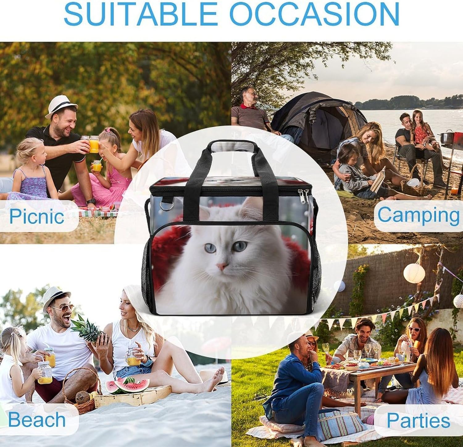 Insulated Picnic Backpack Tote Bag, Large Capacity 30L Cute White Cat Cooler Bag Leakproof Beach Bags Portable Lunch Box Waterproof Picnic Basket for Beach Camping BBQ