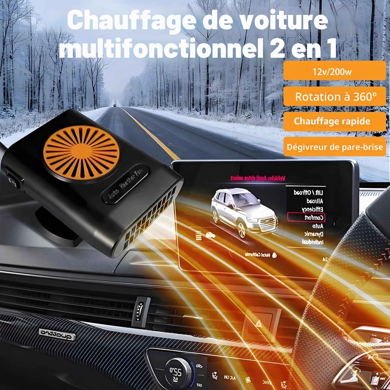 Chauffage de Voiture, 12V 200W Mise à Niveau Portable 2 en 1 Chauffage électrique et Froid, dégivreur avec fiches dans l'allume-Cigare, dégivreur Rapide avec dégivreur Rotatif à 360 °