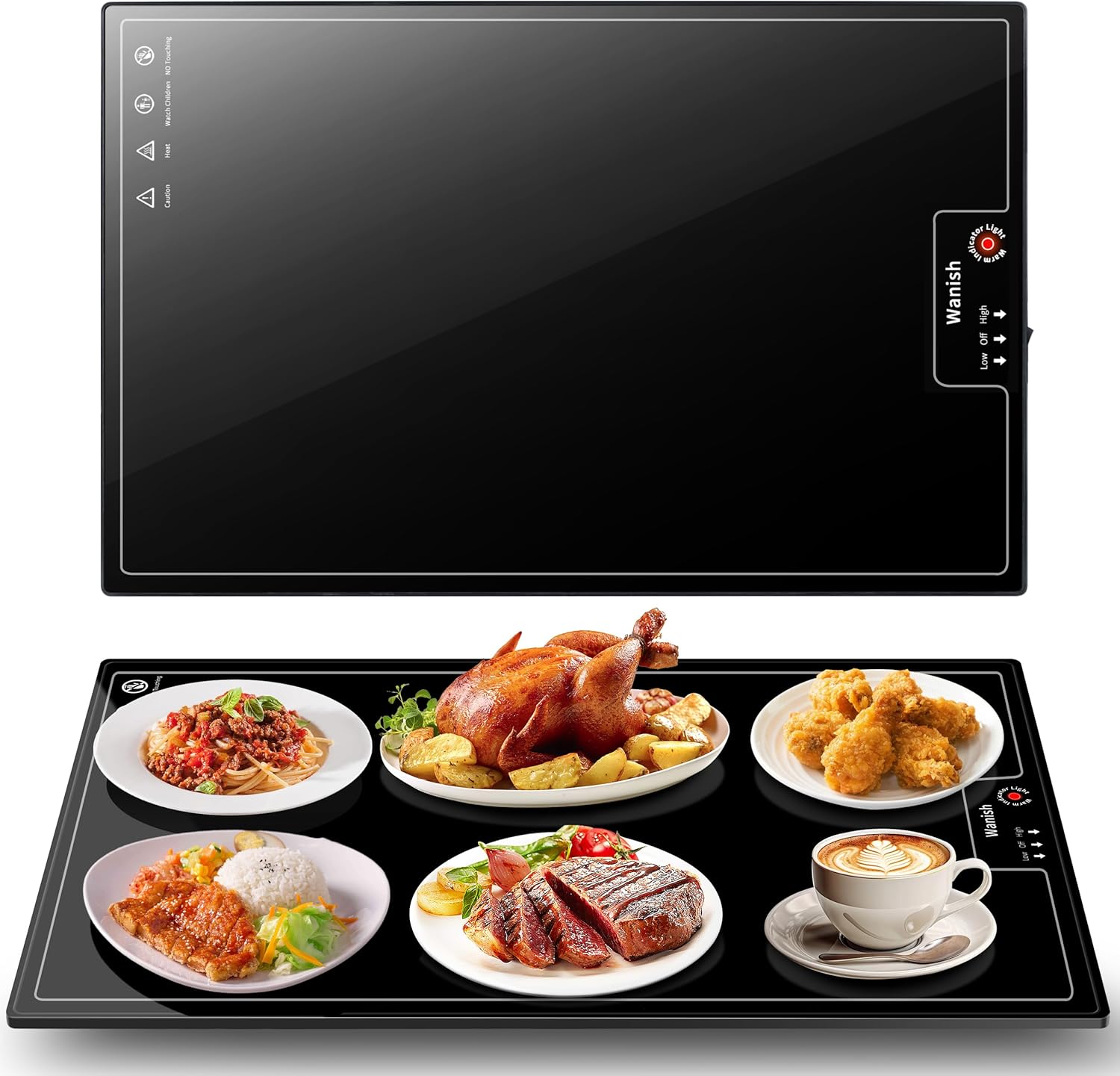 Product image of Electric Warming Tray（Large 22”x14”），Food Warmer with Thermostat and Full Surface Heating，Food Warming Mat with 2 Temperature Modes for Parties Buffet，Gatherings，Heat Resistant Glass，Black