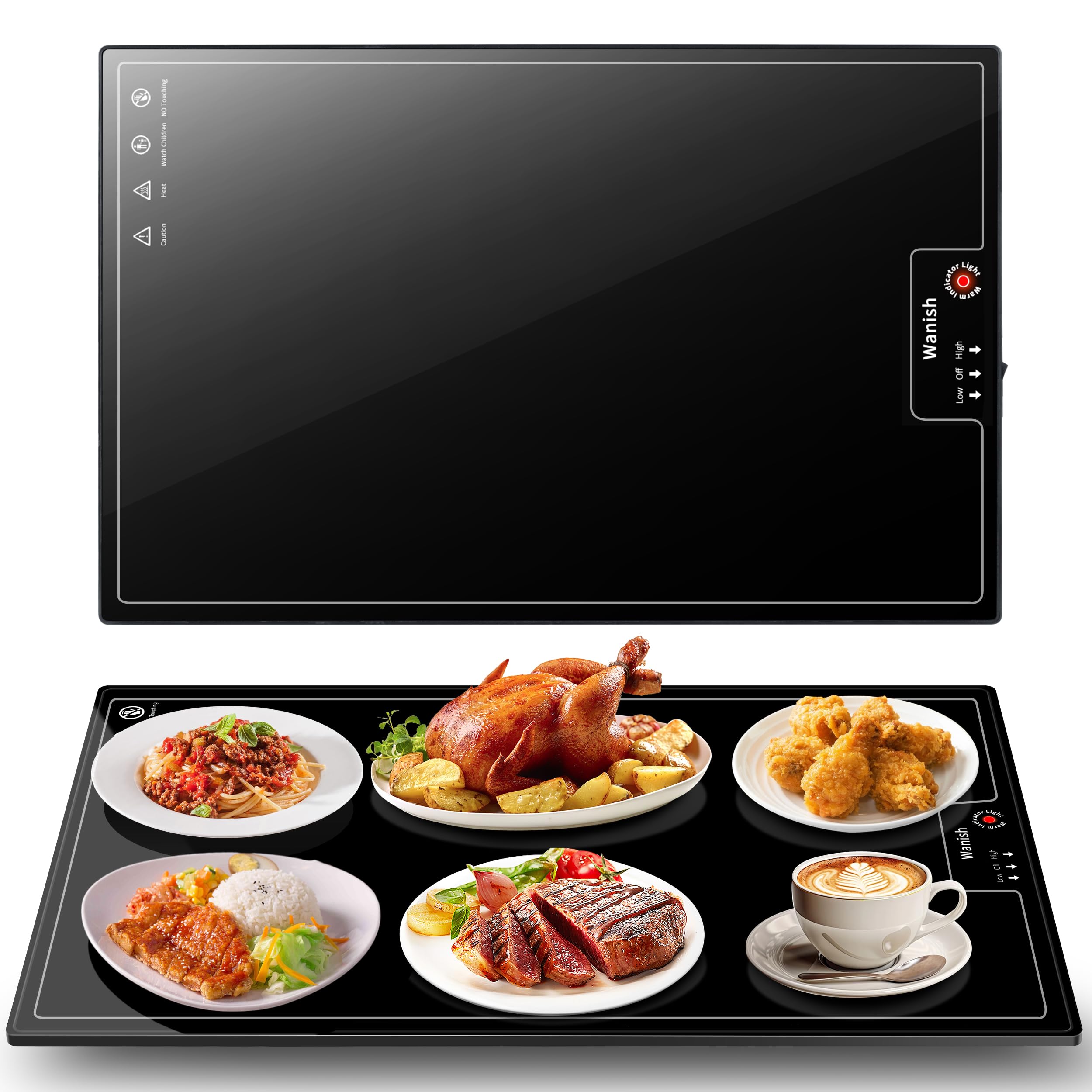 Electric Warming Tray（Large 22”x14”），Food Warmer with Thermostat and Full Surface Heating，Food Warming Mat with 2 Temperature Modes for Parties Buffet，Gatherings，Heat Resistant Glass，Black