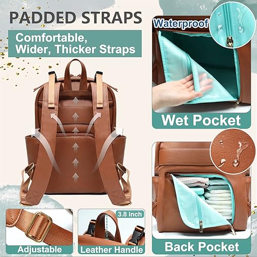 Miniatura 3 de MOMINSIDE Mochila para pañales, bolsas cruzadas de cuero para bebé con 6 bolsillos aislados para mamá papá, búsqueda de registro de bebé, cambiador,