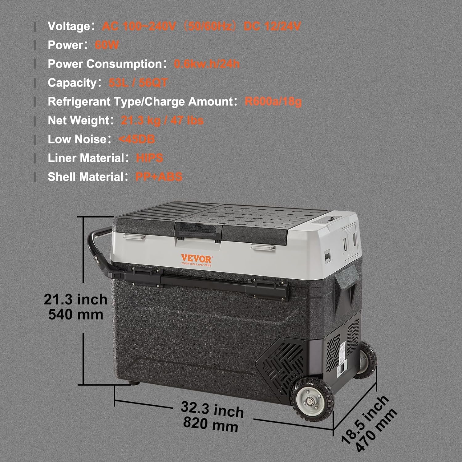 VEVOR Frigo Portatile per Auto, 53 Litri Frigorifero Compressore Congelatore Elettrico CC e CA per Campeggio con Manico Telescopico e Ruote 0,6kW.h da -20°C a 10°C Regolabile per Auto Camion Barca