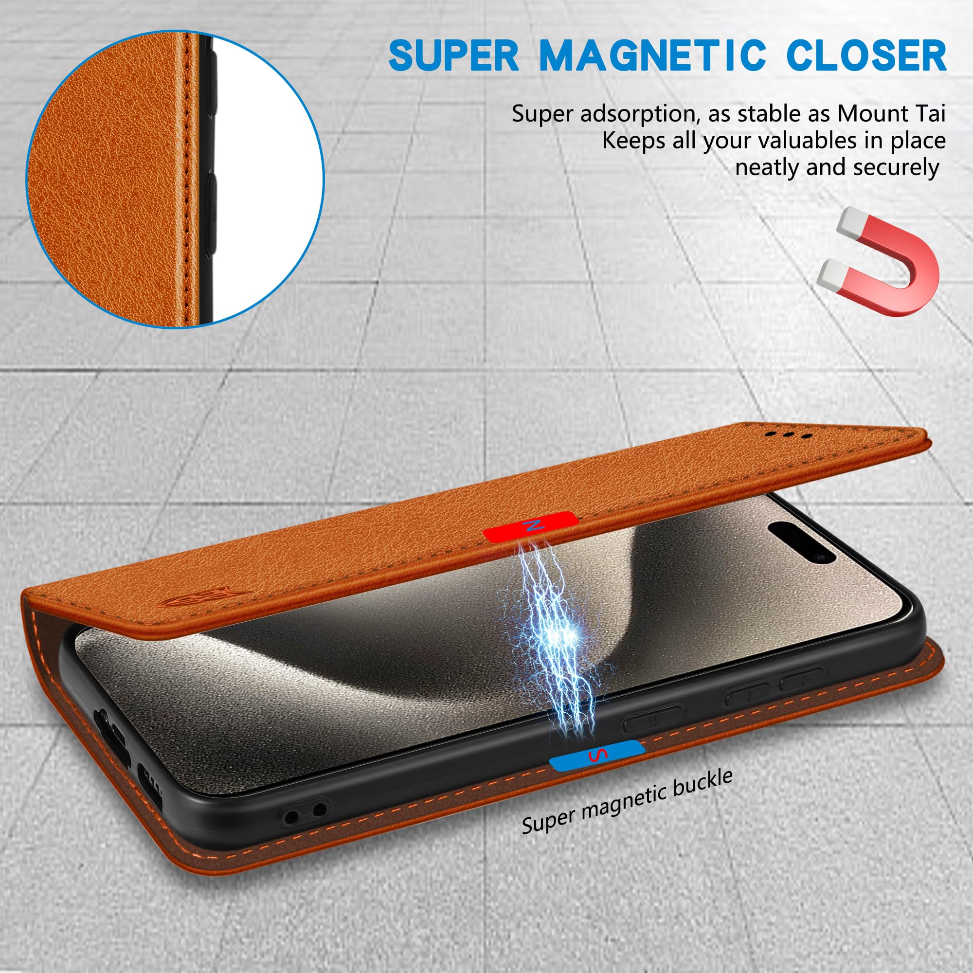 ZZXX for iPhone 15 Pro Max Wallet Case with [RFID Blocking] Card Slot Stand Strong Magnetic Leather Flip Fold Protective Phone Case for iPhone 15 Pro Max Case Wallet(Brown-6.7 inch)