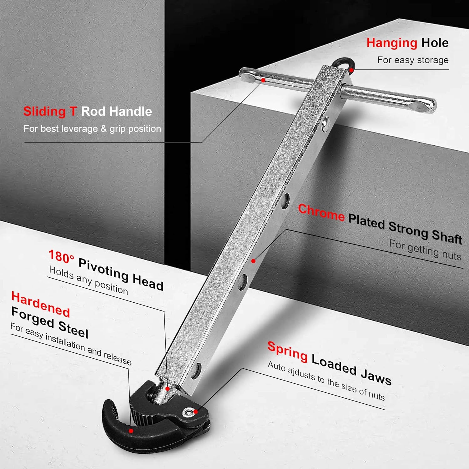 Telescoping Polished Steel Basin Wrench with Adjustable Jaws