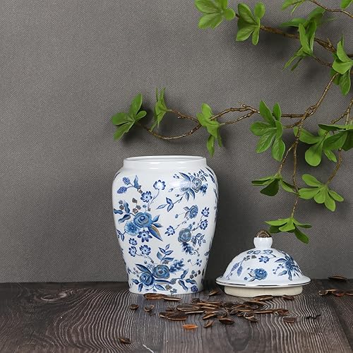 Miniatura 7 de Tarro de jengibre chino con tapa, estilo antiguo, decorativo para el hogar, retro, flores de porcelana azul y blanca, florero de cerámica cubierto,