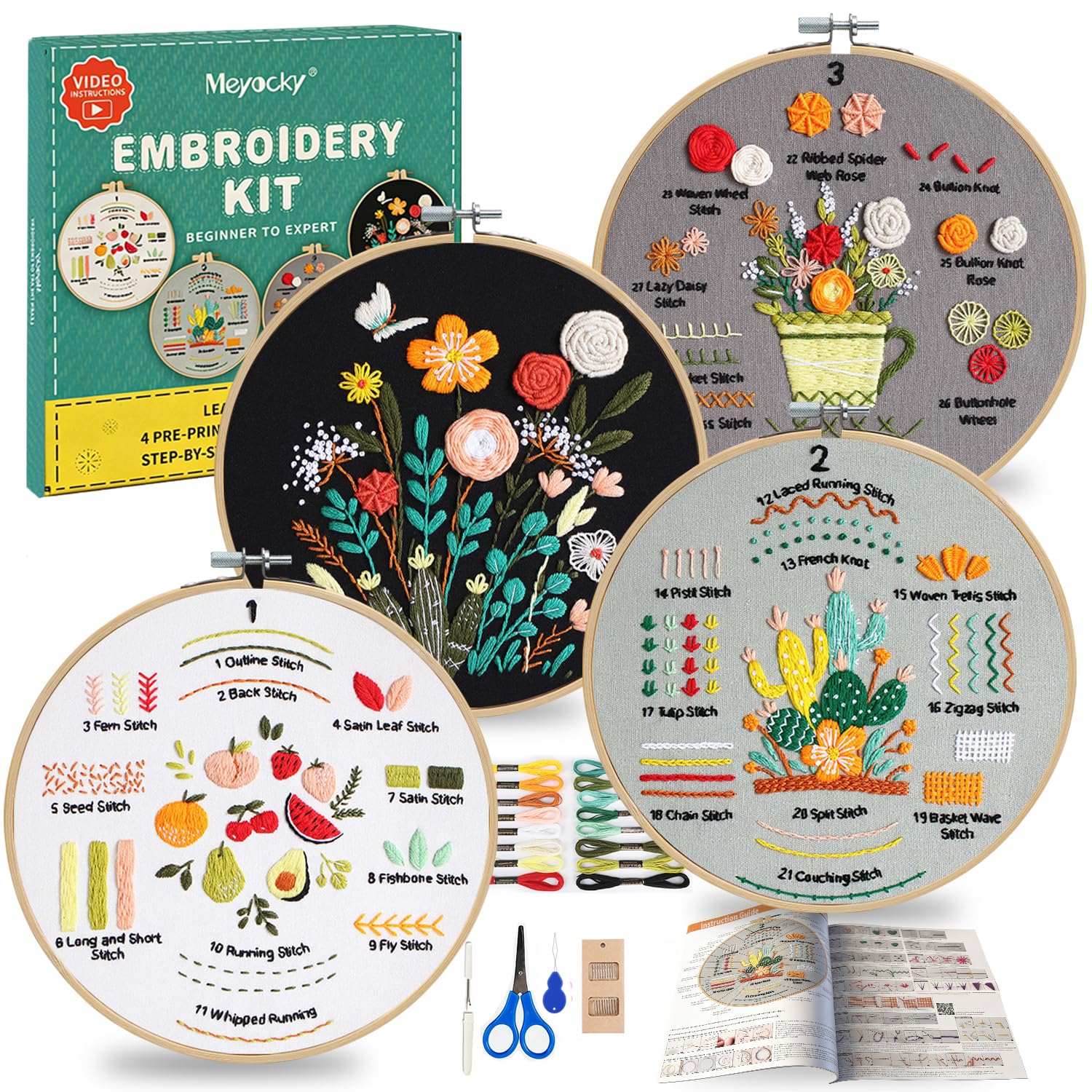 Meyocky Embroidery Kit for Beginners Adults, 4-Piece Stitches Practice Kits with Stamped Patterns Step-by-Step Instructions & Stitch Videos Hoop Threads Needles, Gift for Craft Lovers(Blue)