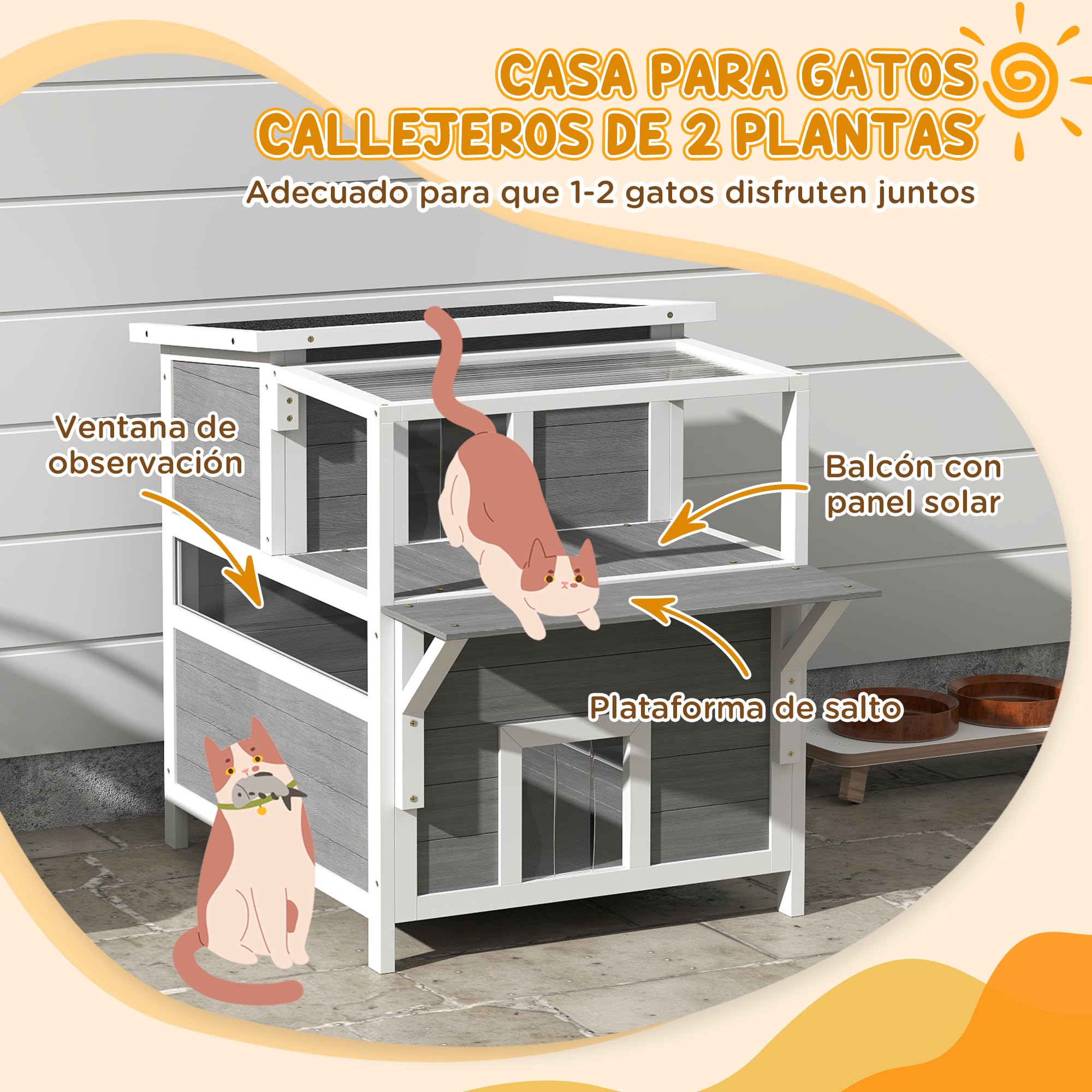 PawHut Casa para Gatos de 2 Niveles de Madera 64x87x76 cm con Techo Asfáltico, Ventana y Puerta con Cortina para Interior y Exterior Gris Claro