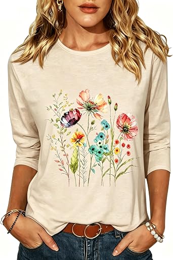 hcihgzr Womens 3/4 Sleeve Funny Vintage Boho Wildflower Floral Flower Graphic Shirt Casual Summer Tee Tops