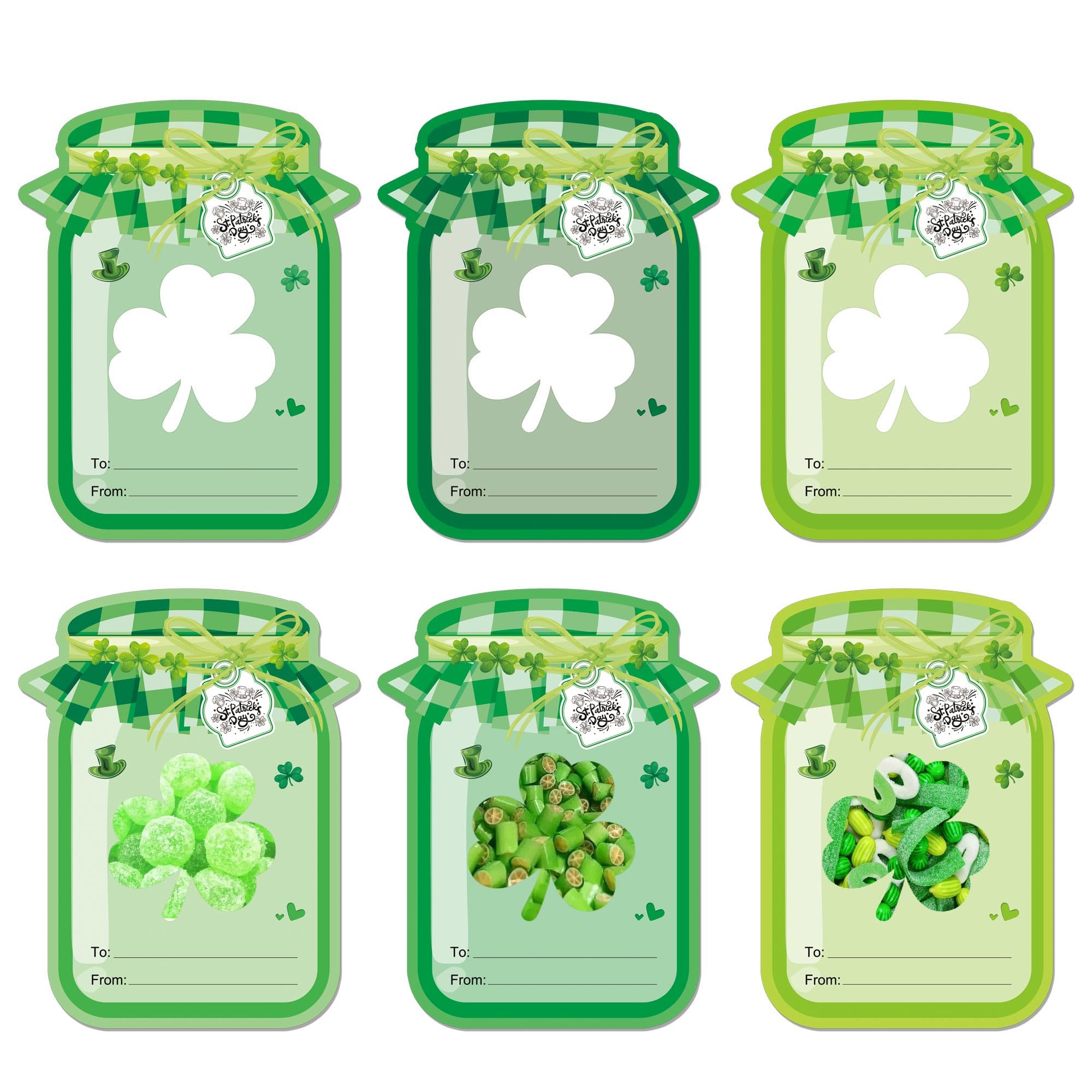 Well tile 60 Set St. Patrick's Day Cards Mason Jar Shape Shamrock Gift Card DIY Crafts Art Cards for Boys Girls School Class Classroom Party(Candy Not Included)